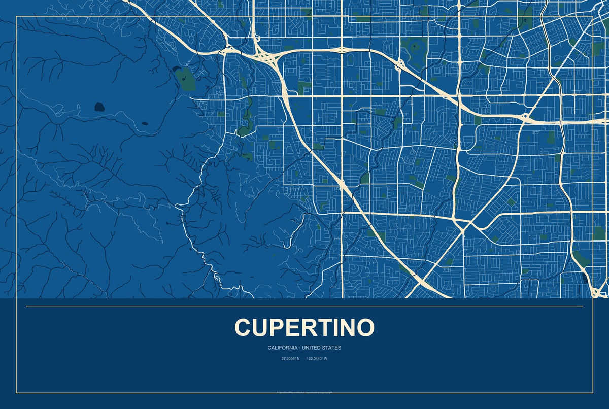 Cupertino, California City Map Aluminum Sign in Harbor Cobalt style