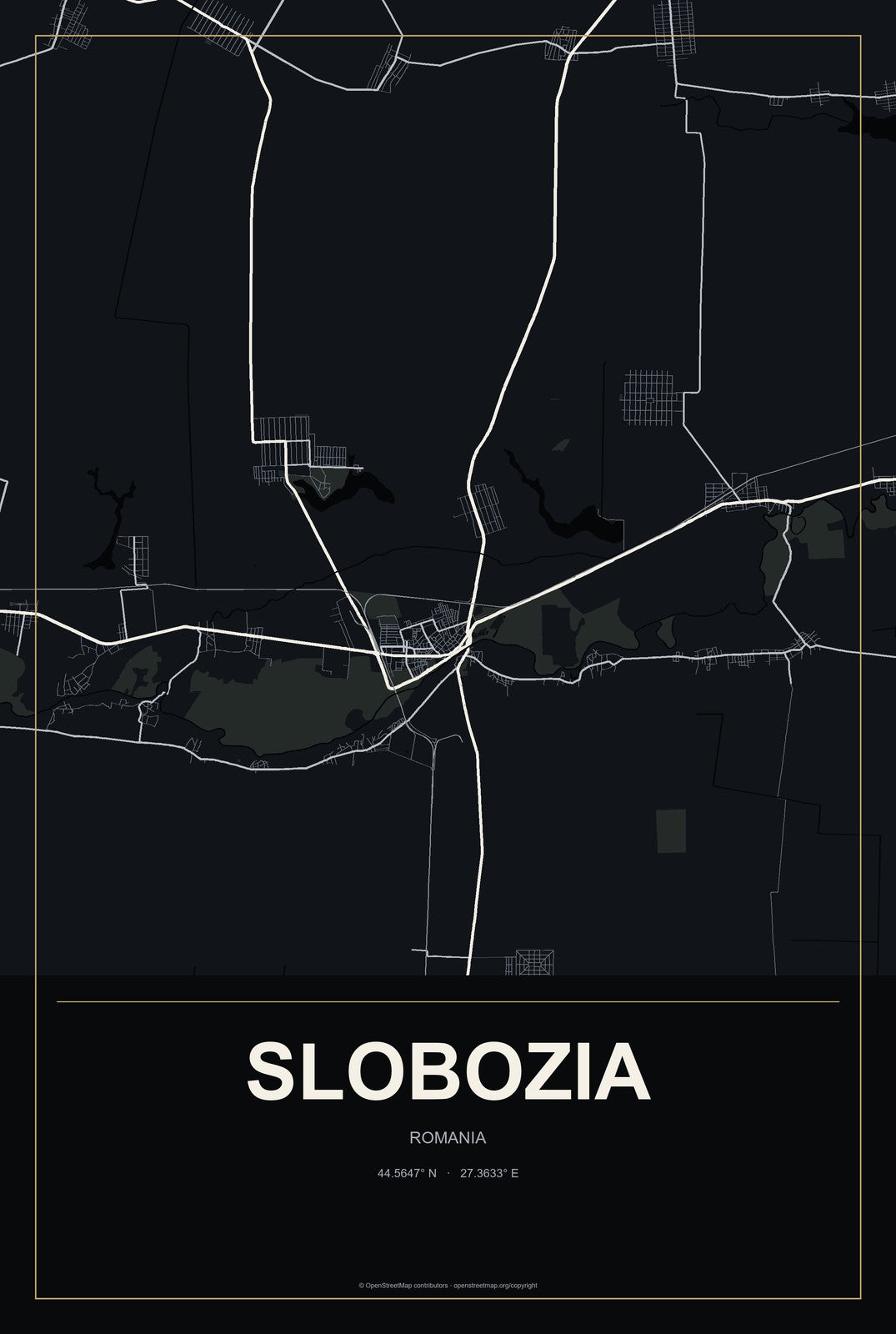 Slobozia, Romania City Map Aluminum Sign in Metropolitan Noir style