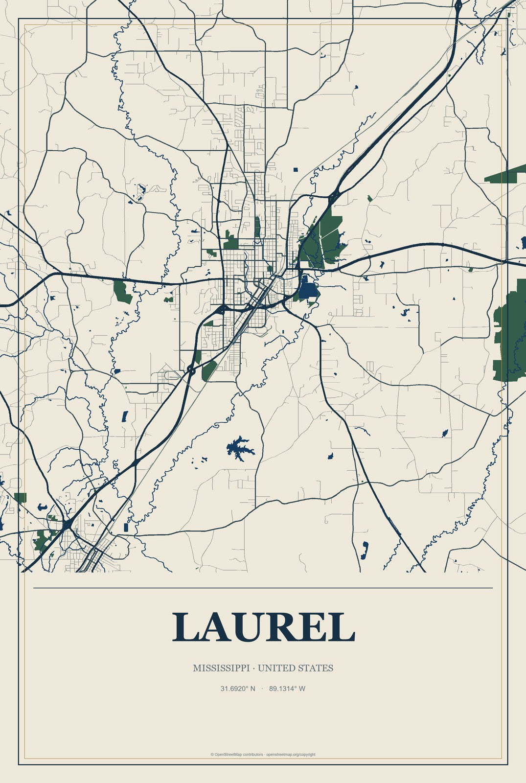 Laurel, Mississippi City Map Aluminum Sign in Coastal Cutout style