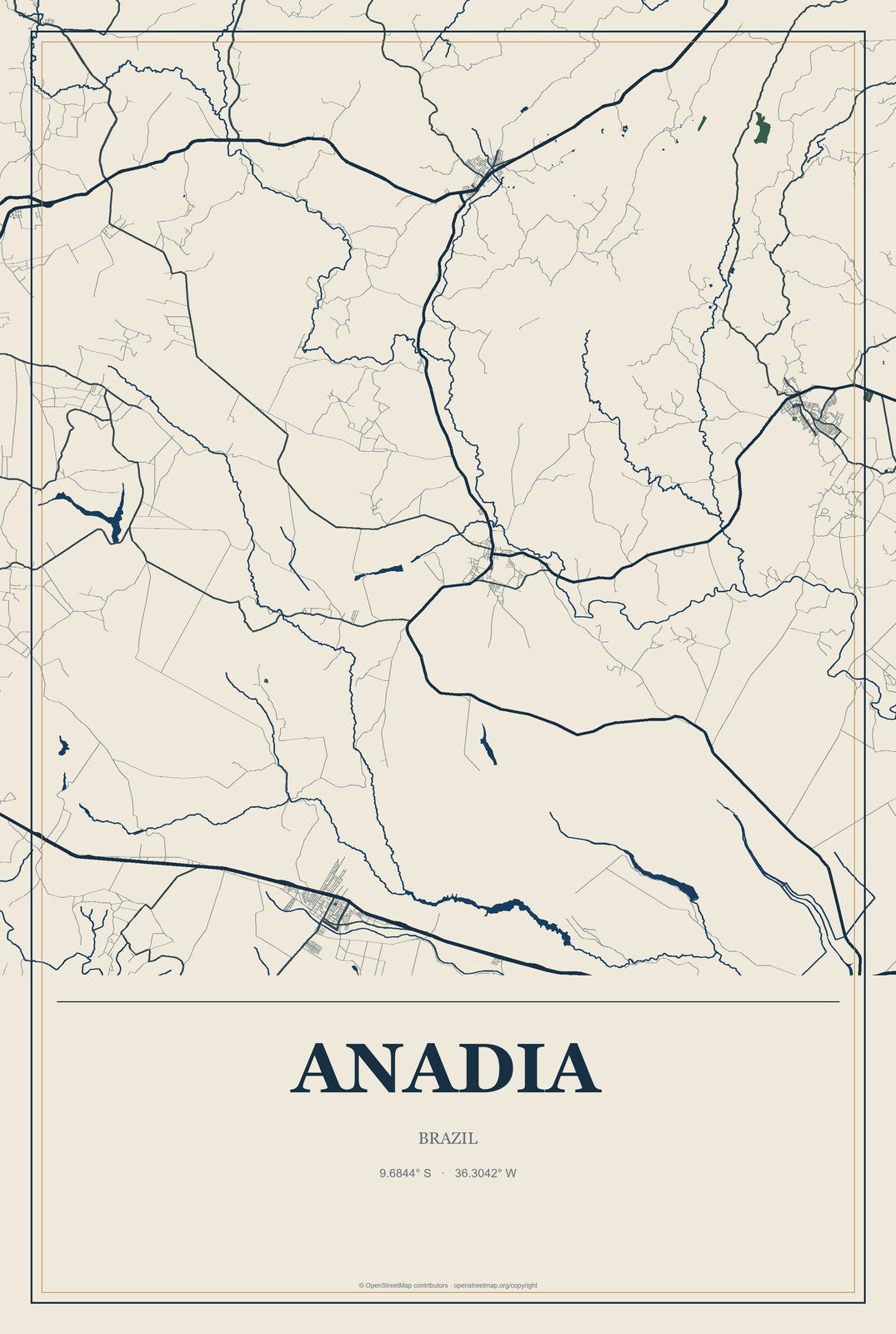 Anadia, Brazil City Map Aluminum Sign in Coastal Cutout style
