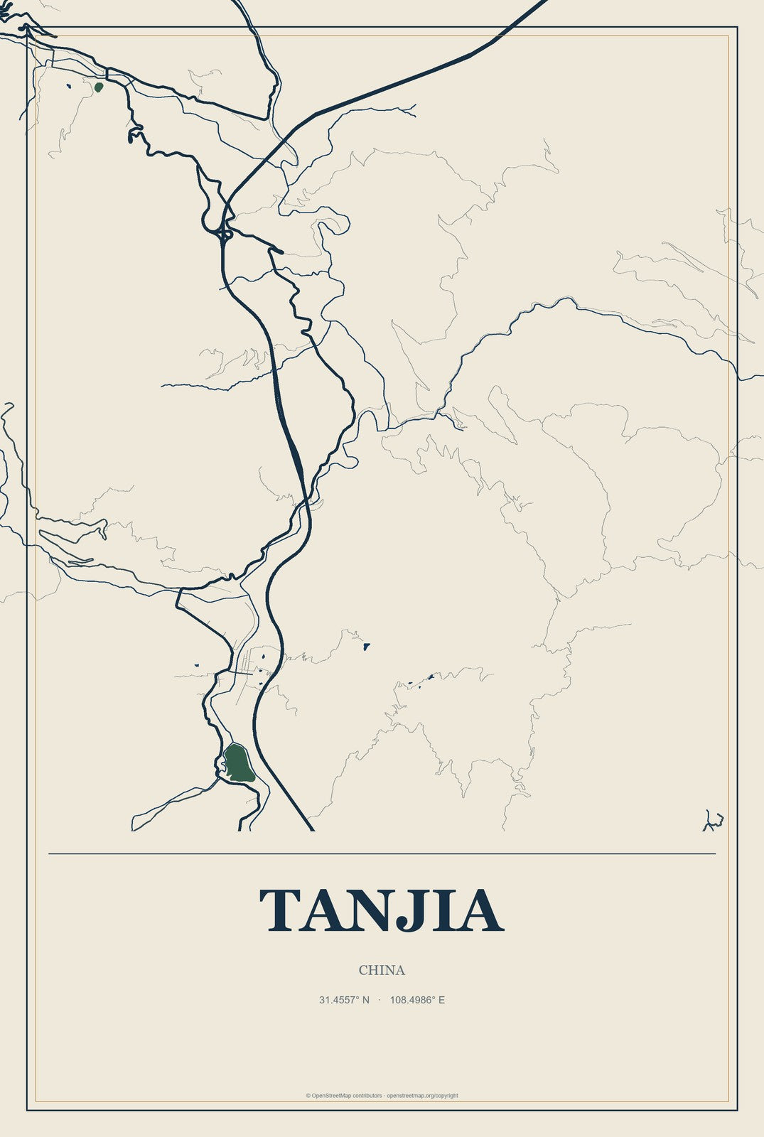 Tanjia, China City Map Aluminum Sign in Coastal Cutout style