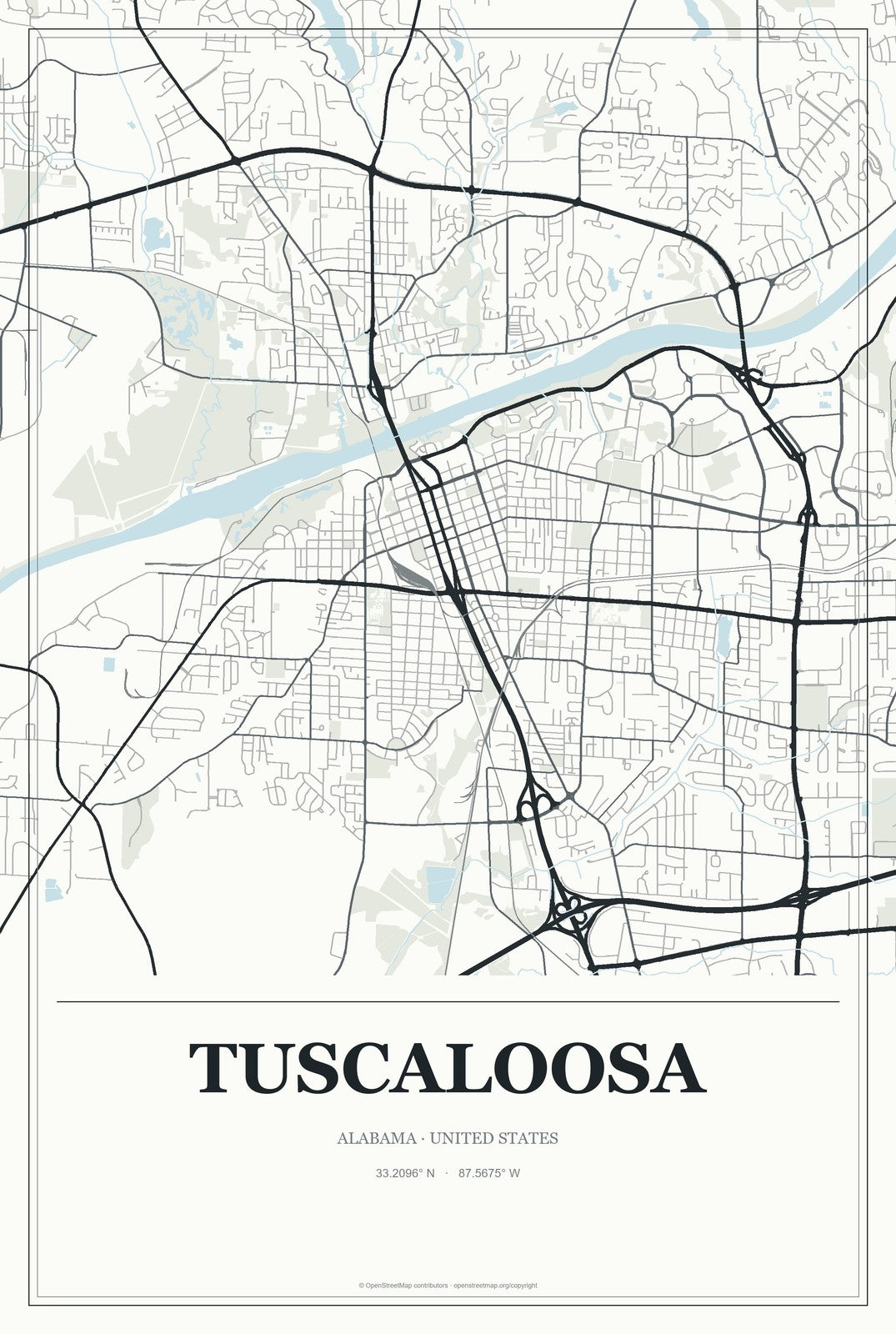 Tuscaloosa, Alabama City Map Aluminum Sign in Gallery Air style