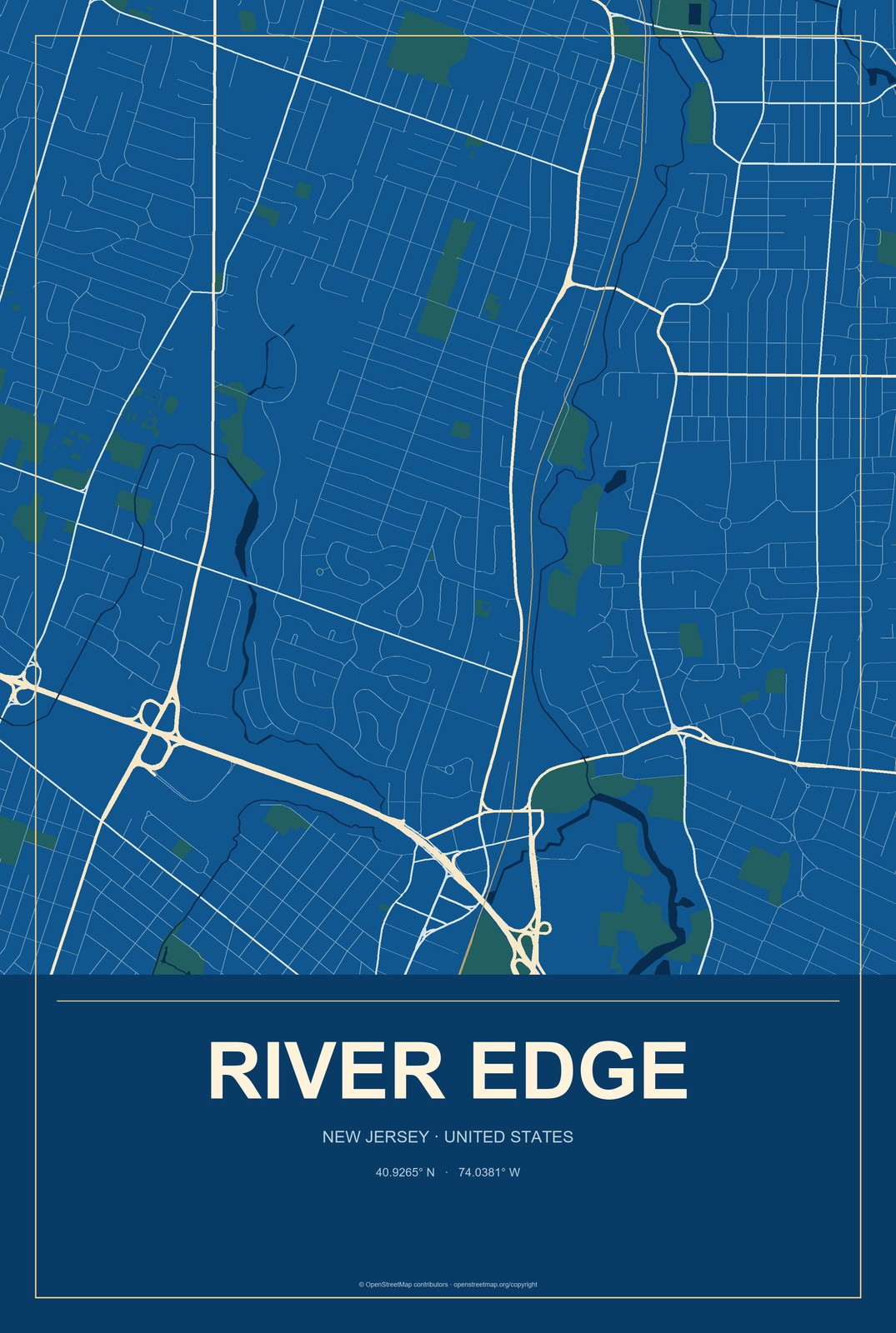 River Edge, New Jersey City Map Aluminum Sign in Harbor Cobalt style