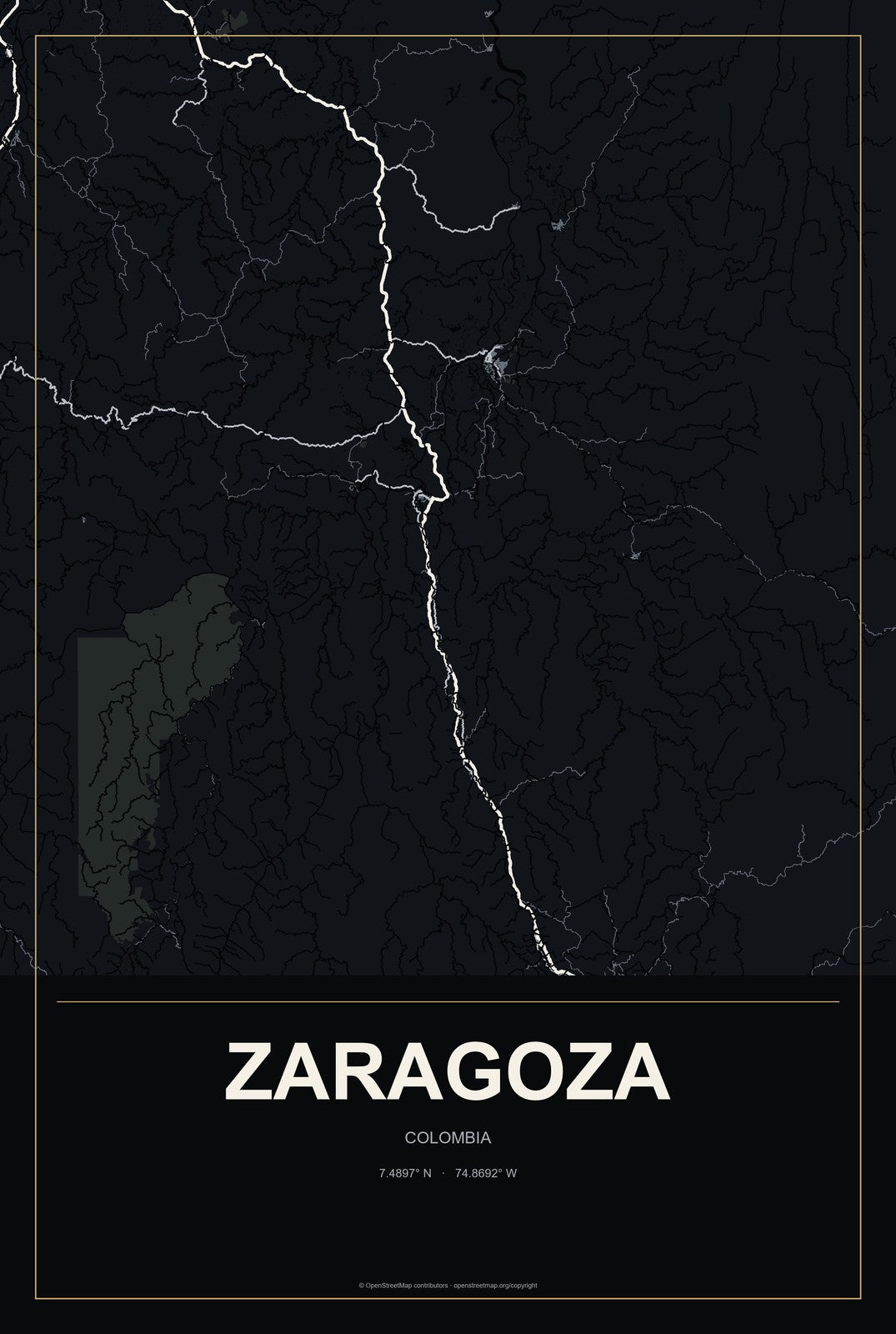 Zaragoza, Colombia City Map Aluminum Sign in Metropolitan Noir style