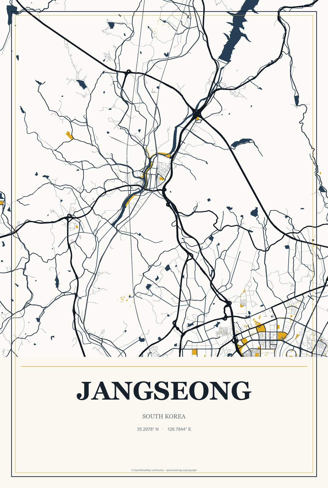 Jangseong, South Korea City Map Aluminum Sign in Citrine Modern style