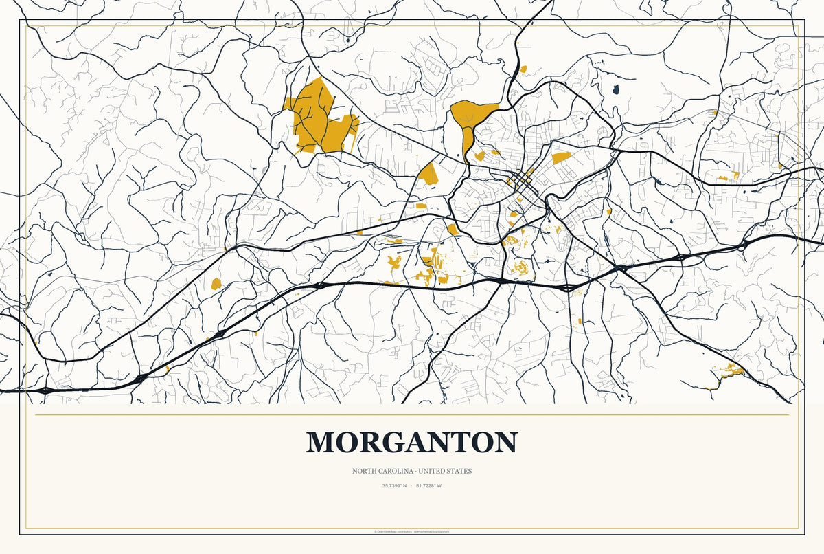 Morganton, North Carolina City Map Aluminum Sign in Citrine Modern style