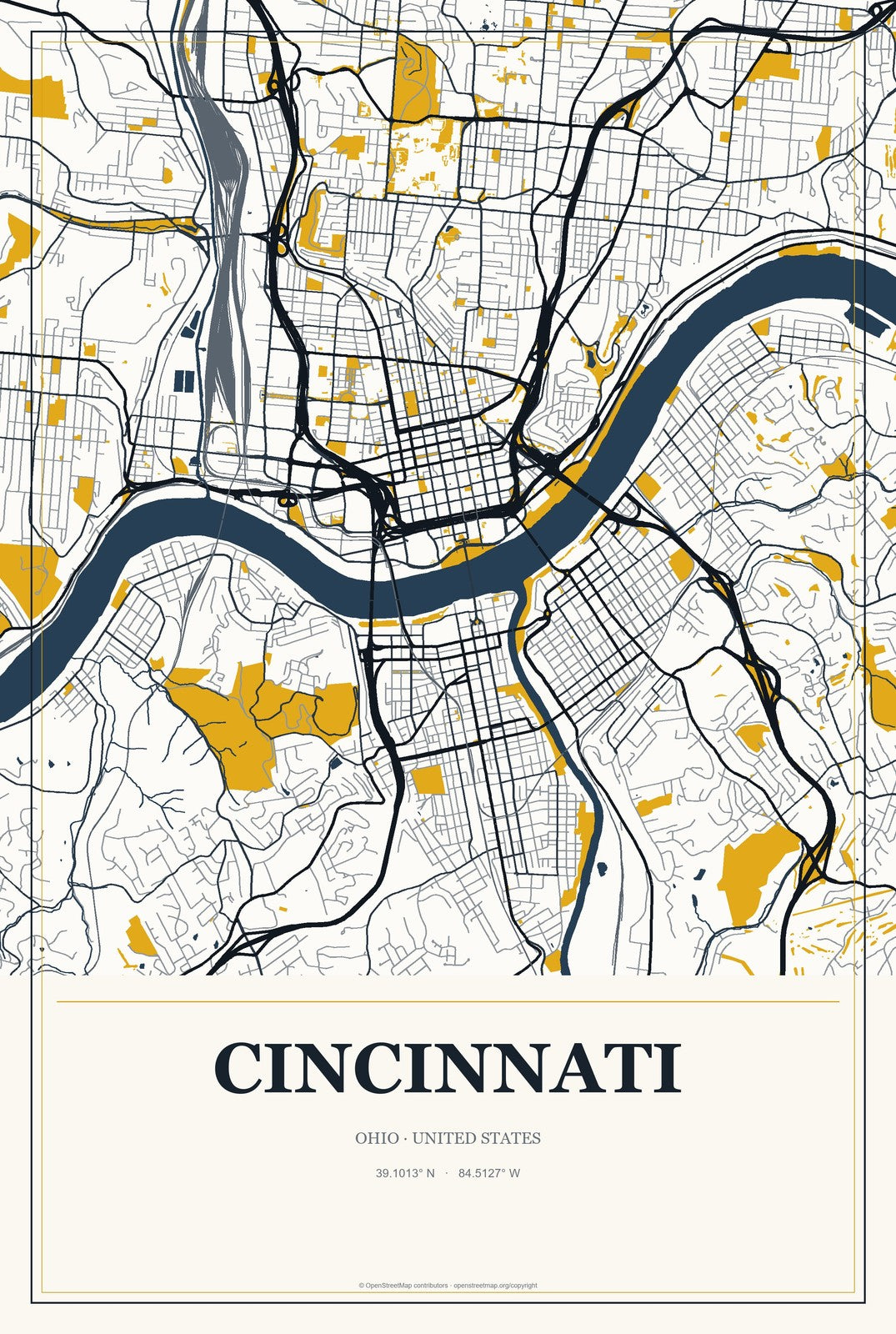 Cincinnati, Ohio City Map Aluminum Sign in Citrine Modern style