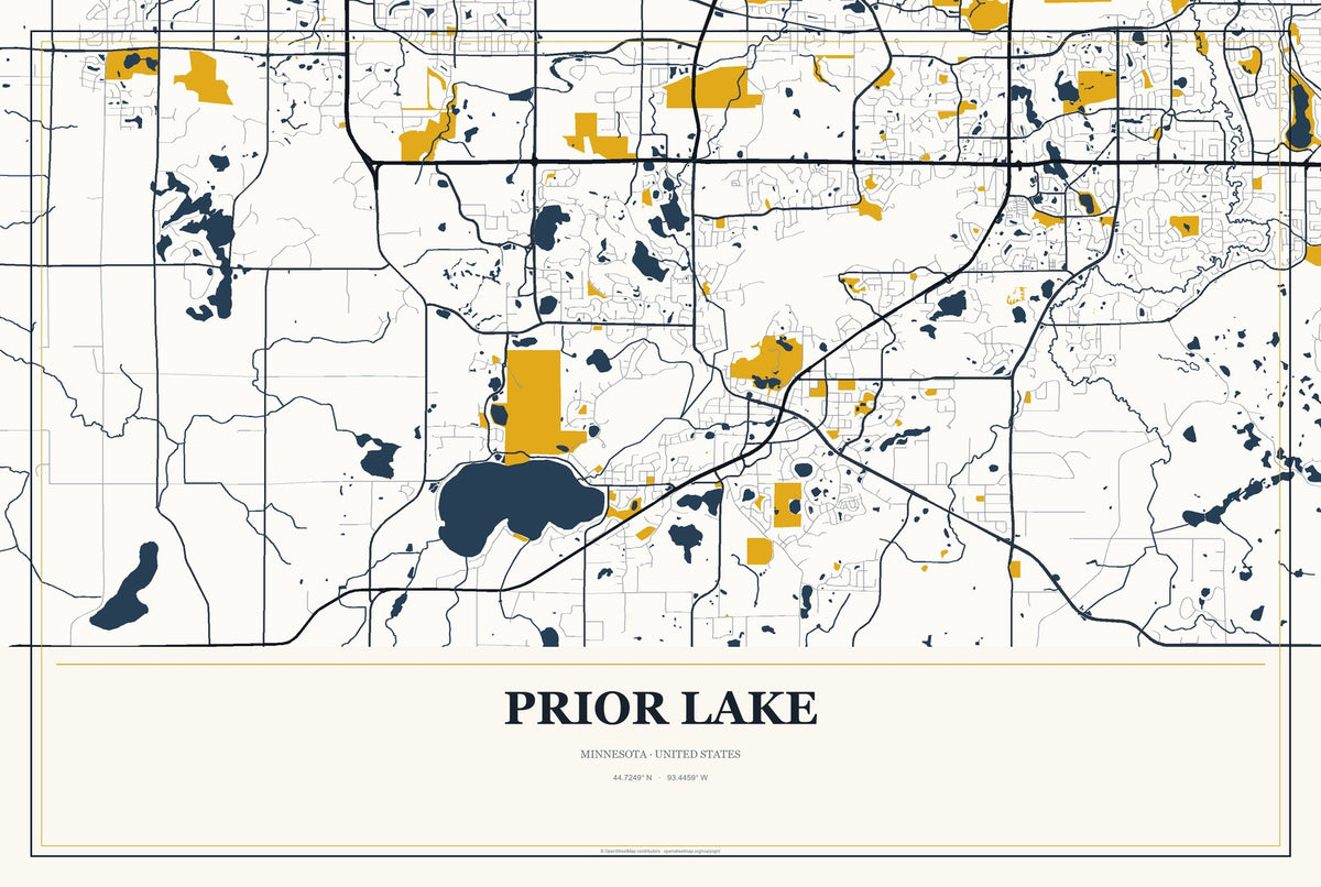 Prior Lake, Minnesota City Map Aluminum Sign in Citrine Modern style