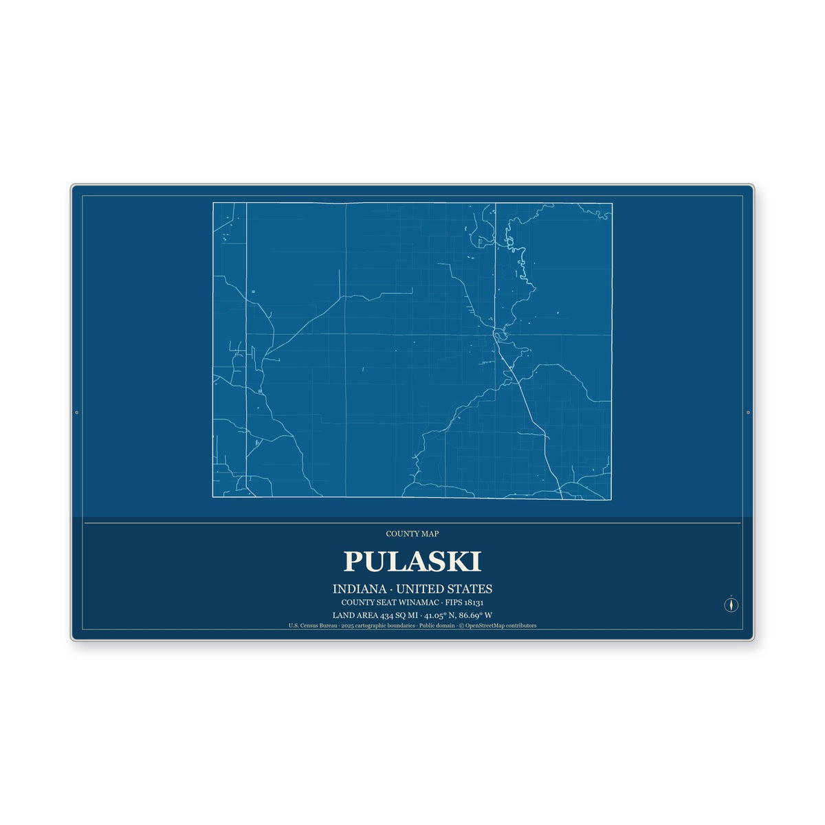 Pulaski County, Indiana Map Aluminum Sign in Harbor Cobalt style