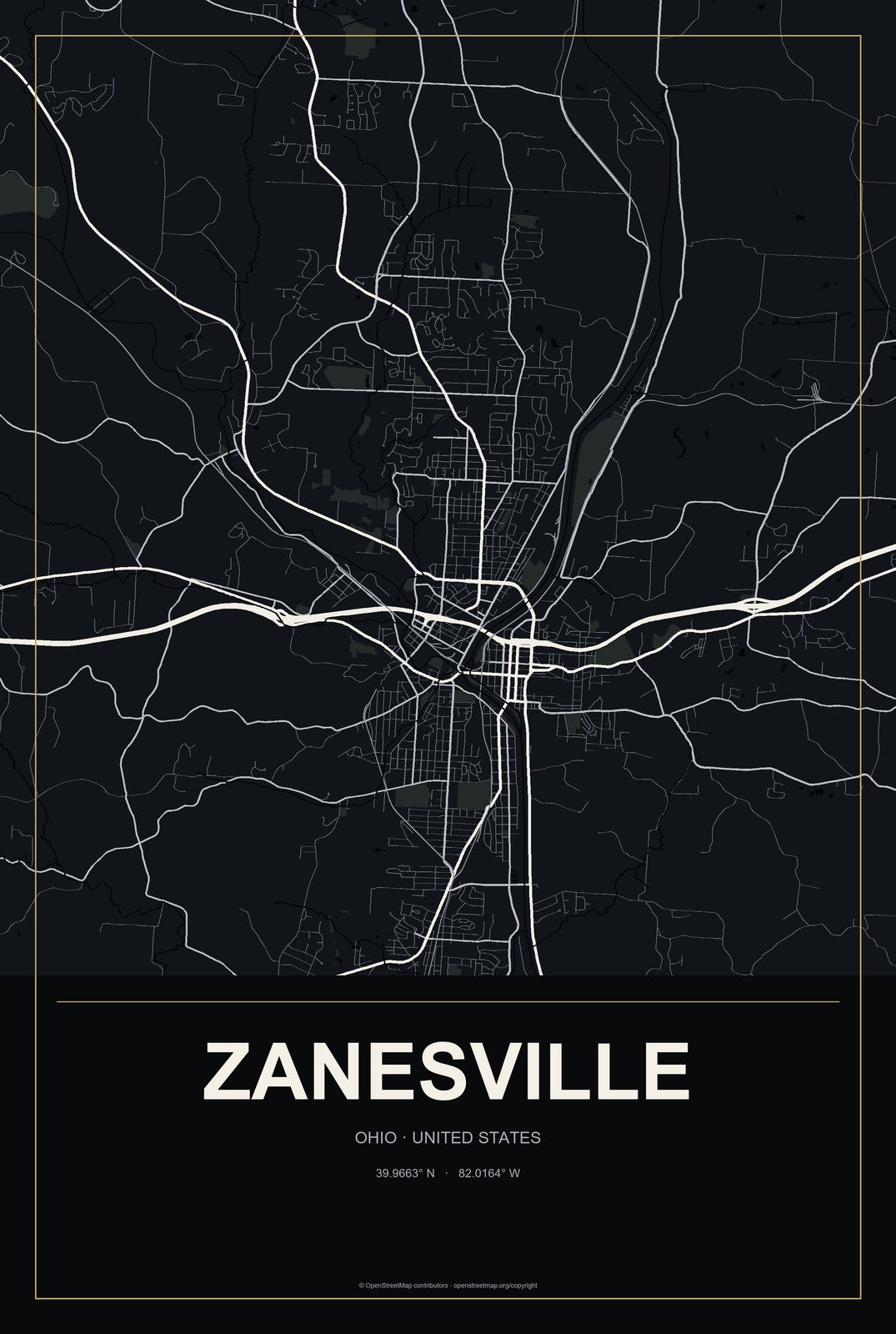 Zanesville, Ohio City Map Aluminum Sign in Metropolitan Noir style