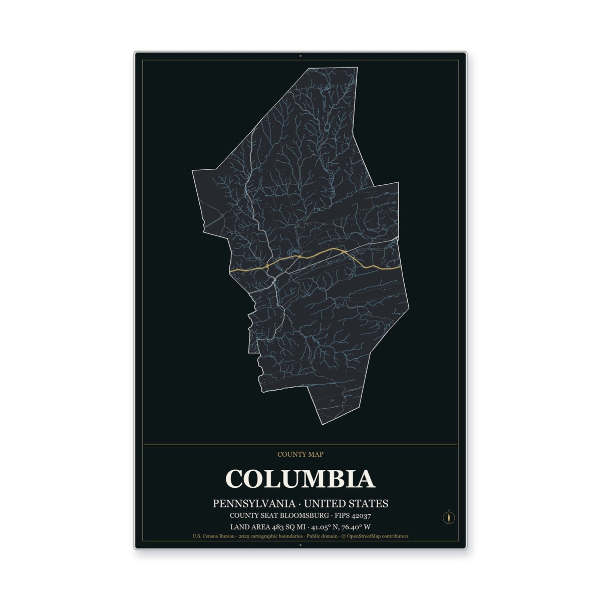 Columbia County, Pennsylvania Map Aluminum Sign in Metropolitan Noir style