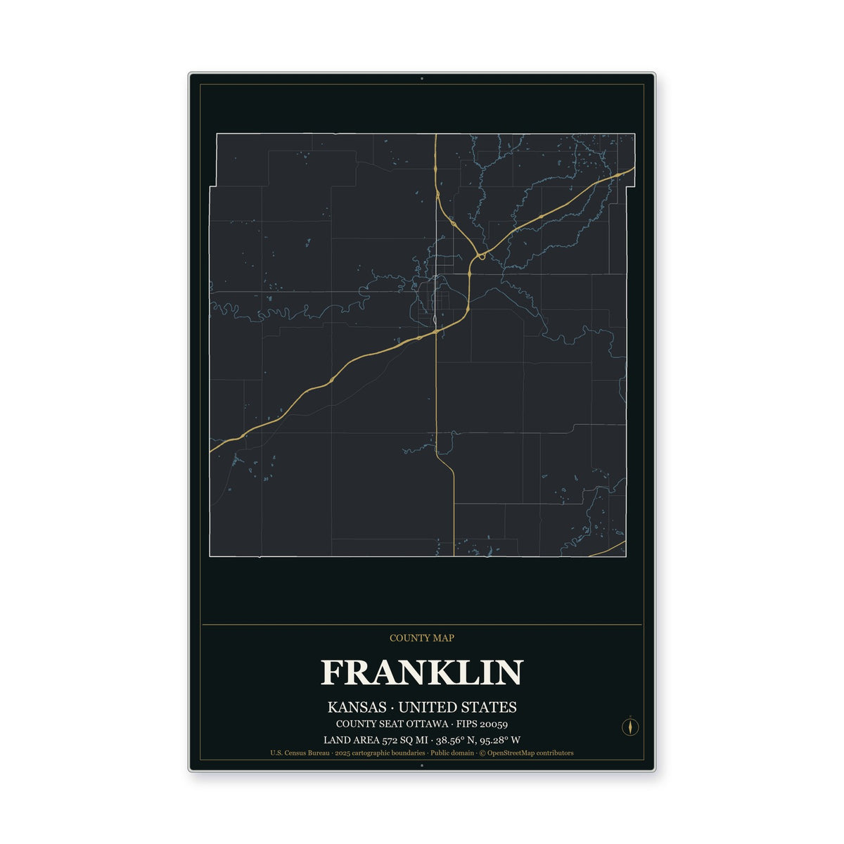 Franklin County, Kansas Map Aluminum Sign in Metropolitan Noir style