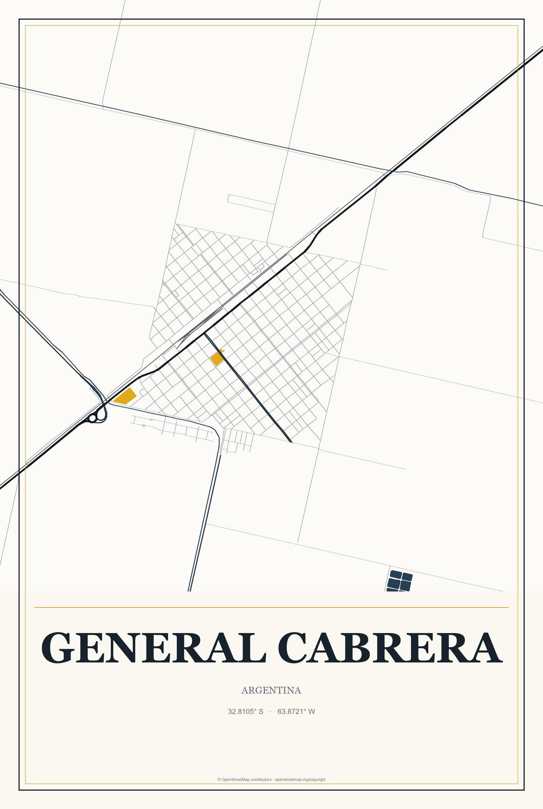 General Cabrera, Argentina City Map Aluminum Sign in Citrine Modern style