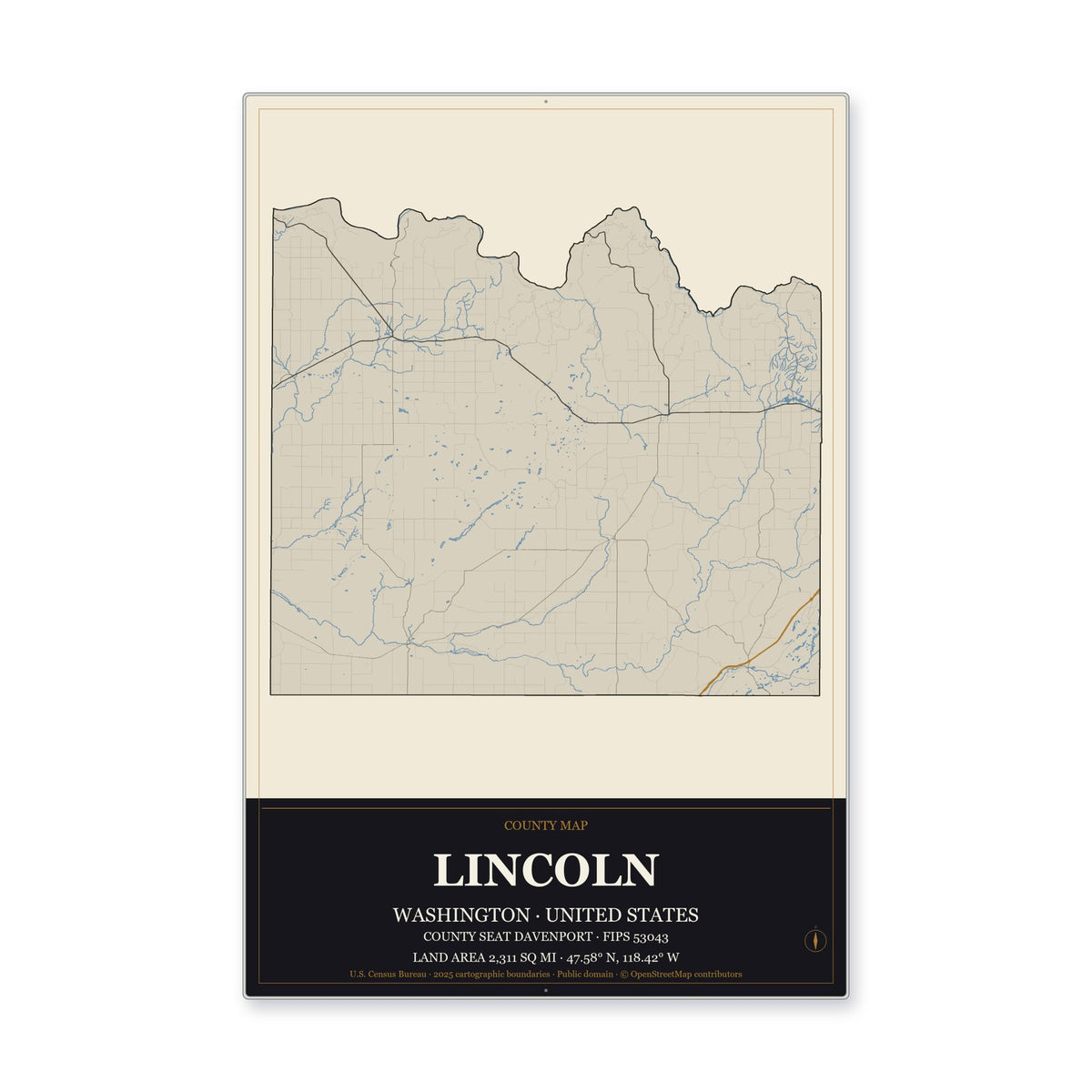 Lincoln County, Washington Map Aluminum Sign in Museum Plaque style