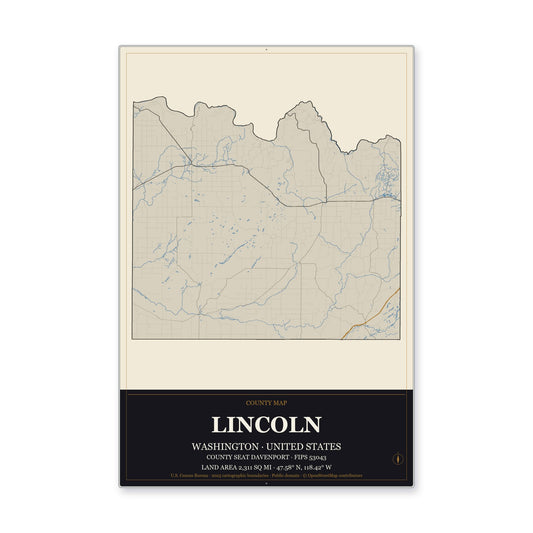 Lincoln County, Washington Map Aluminum Sign in Museum Plaque style