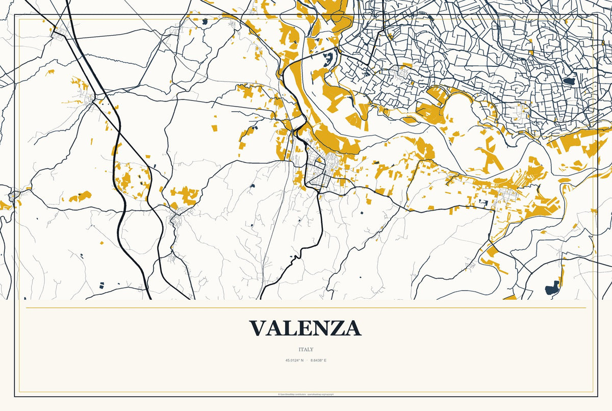 Valenza, Italy City Map Aluminum Sign in Citrine Modern style