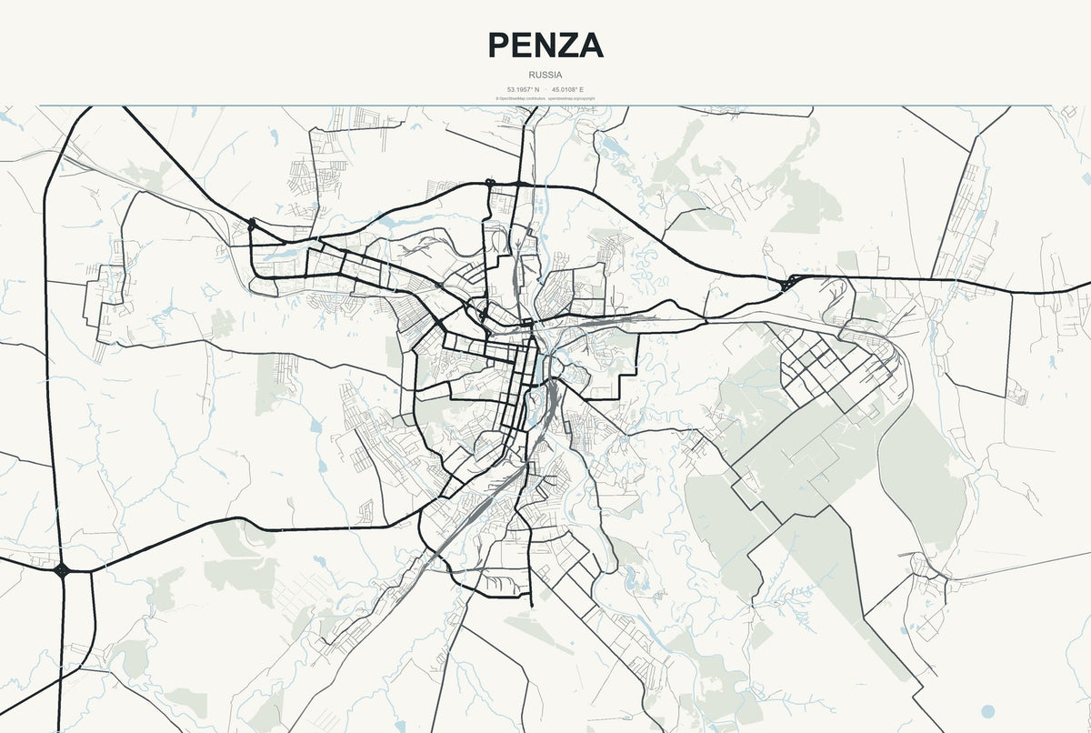 Penza, Russia City Map Aluminum Sign in Headline Atlas style