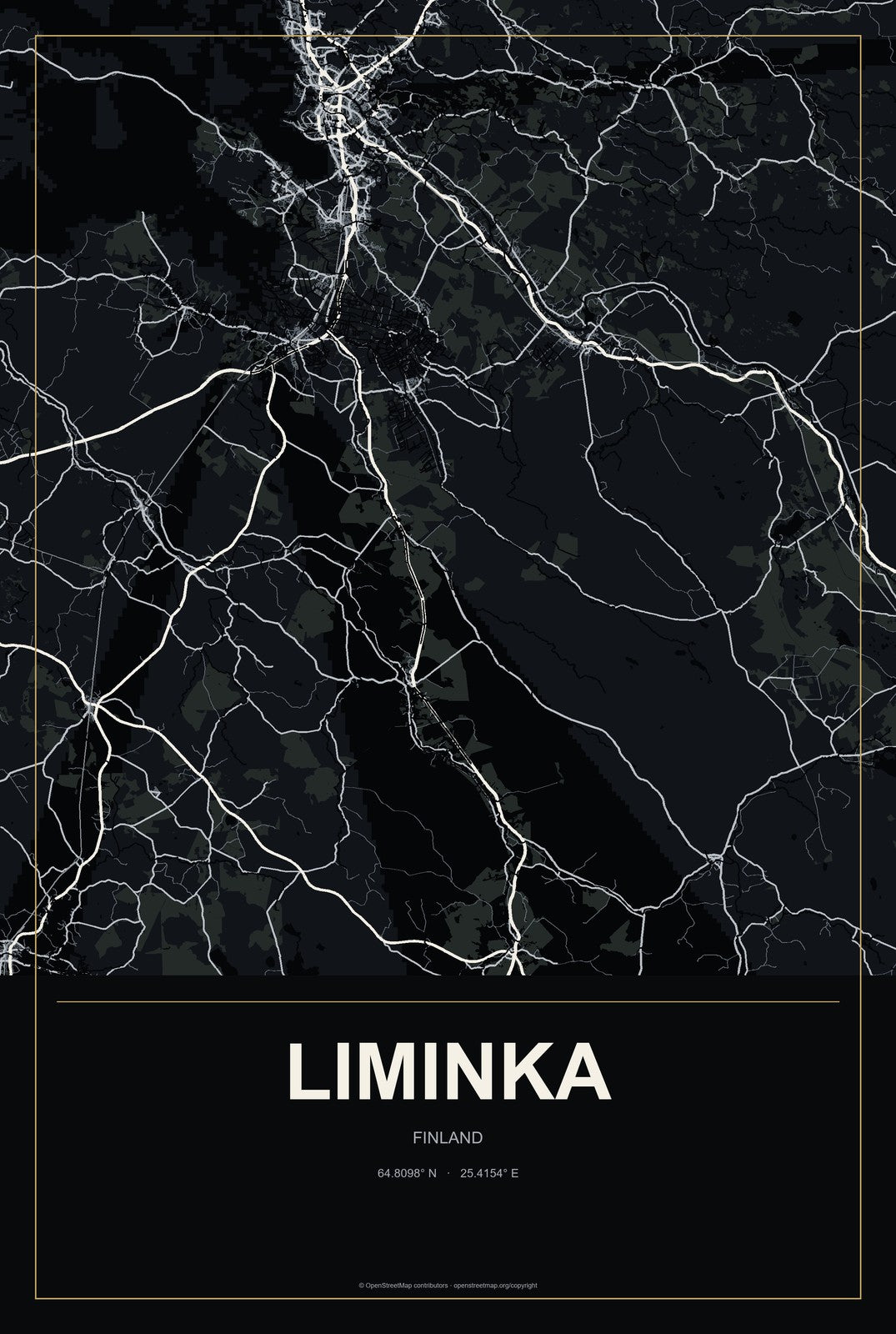 Liminka, Finland City Map Aluminum Sign in Metropolitan Noir style