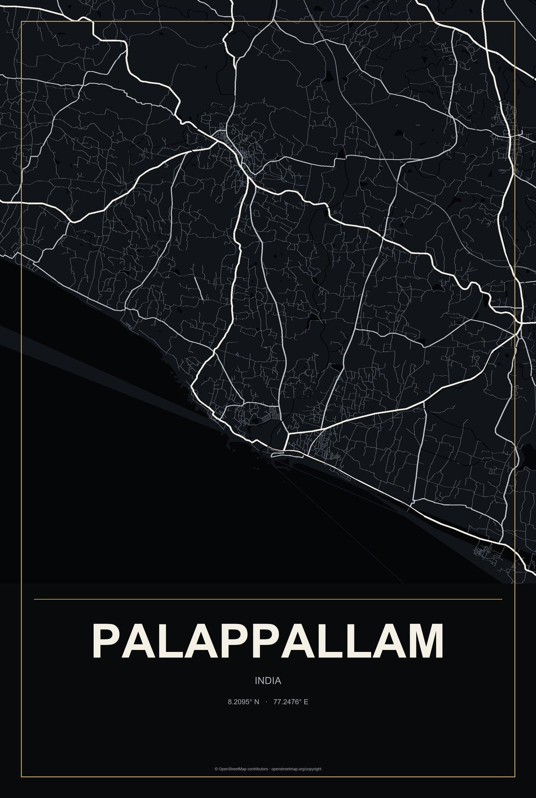 Palappallam, India City Map Aluminum Sign in Metropolitan Noir style
