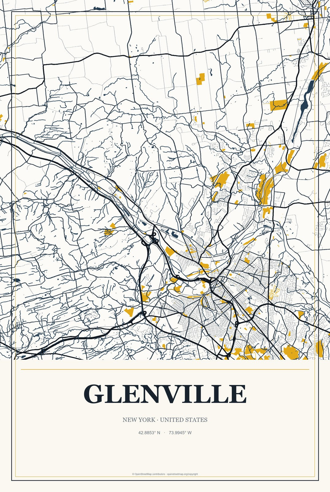 Glenville, New York City Map Aluminum Sign in Citrine Modern style