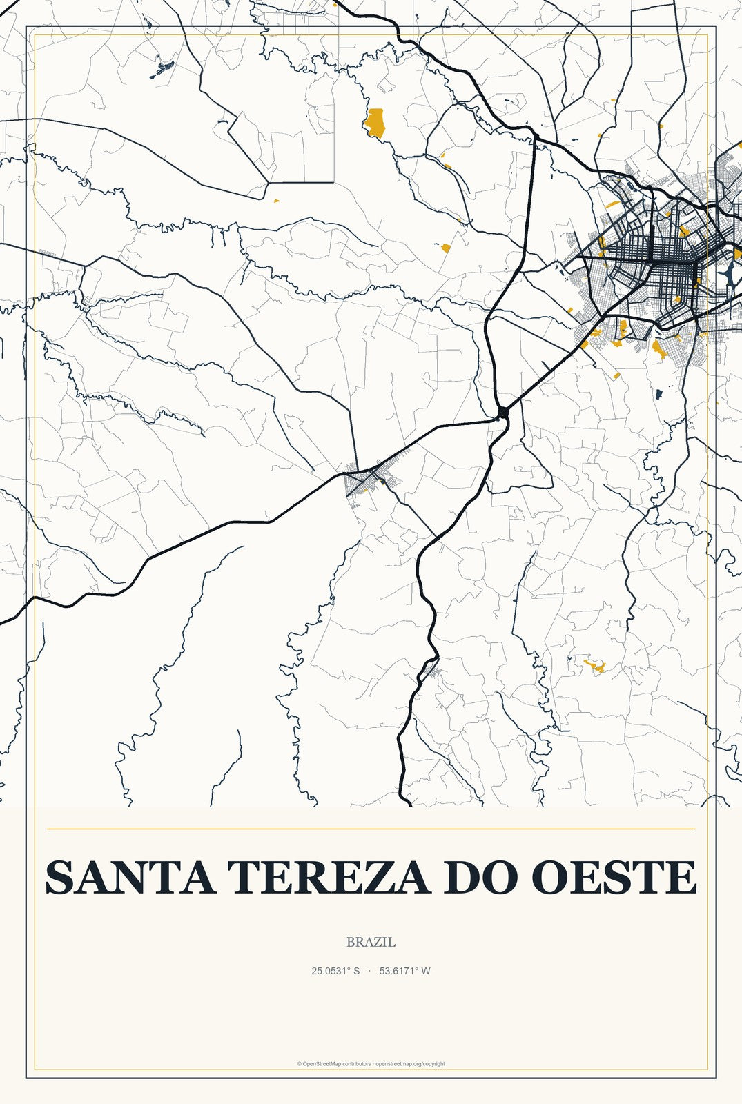 Santa Tereza do Oeste, Brazil City Map Aluminum Sign in Citrine Modern style