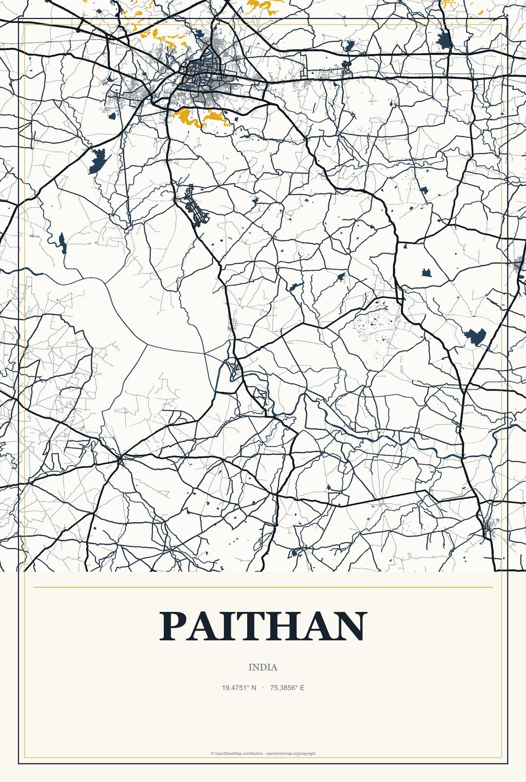 Paithan, India City Map Aluminum Sign in Citrine Modern style