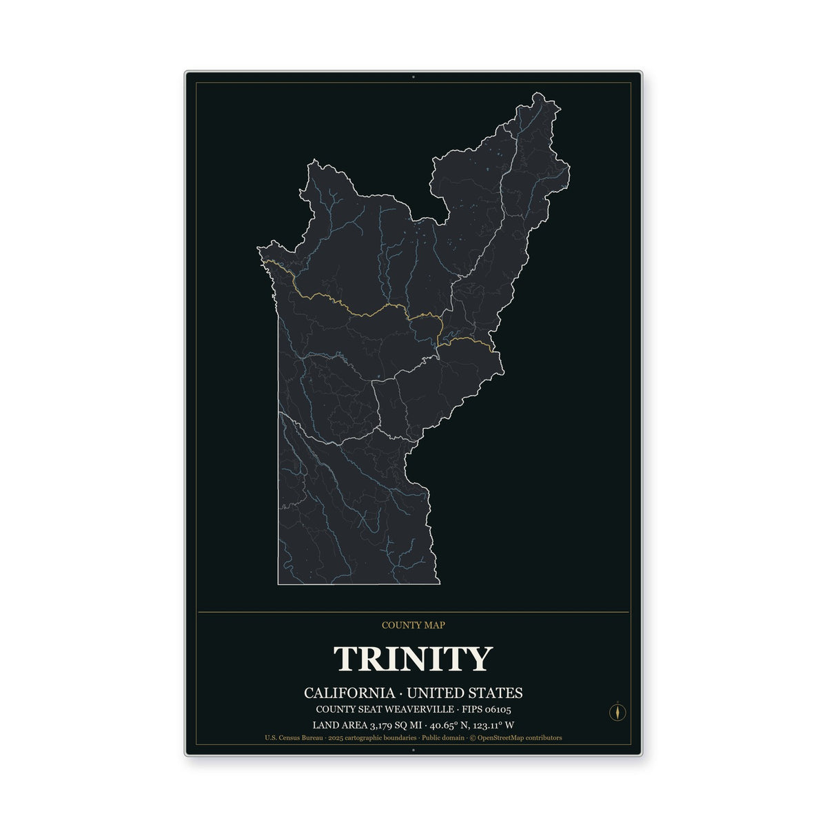 Trinity County, California Map Aluminum Sign in Metropolitan Noir style