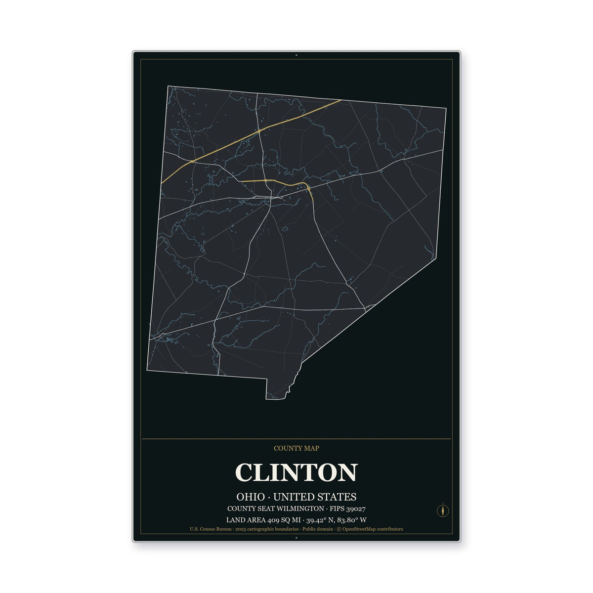 Clinton County, Ohio Map Aluminum Sign in Metropolitan Noir style