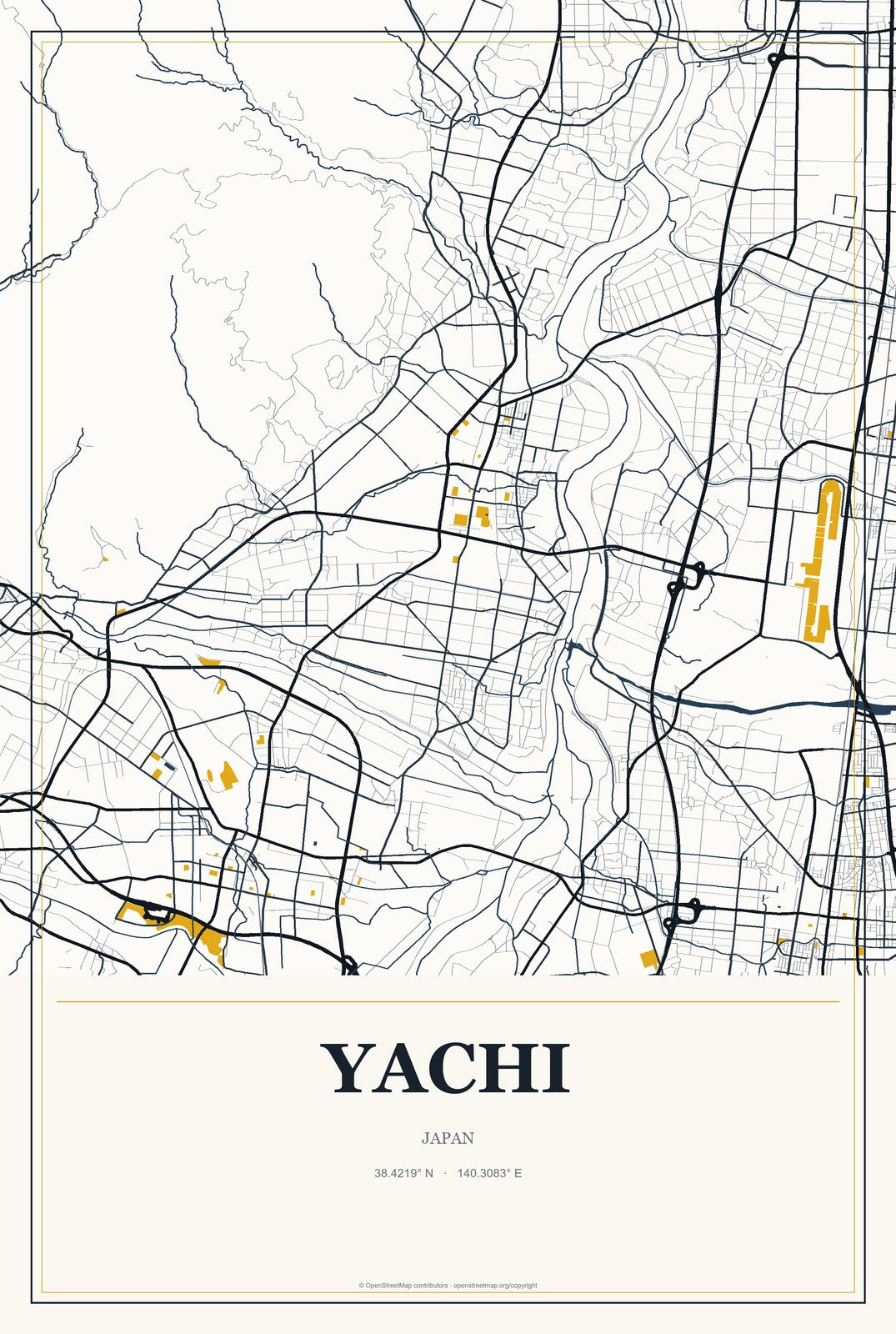 Yachi, Japan City Map Aluminum Sign in Citrine Modern style