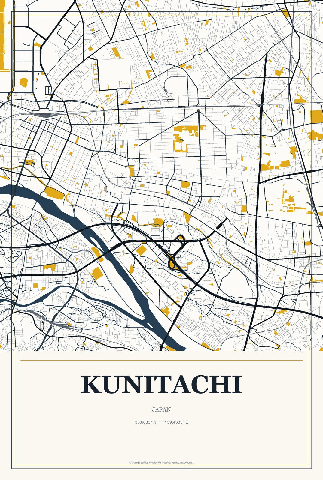 Kunitachi, Japan City Map Aluminum Sign in Citrine Modern style