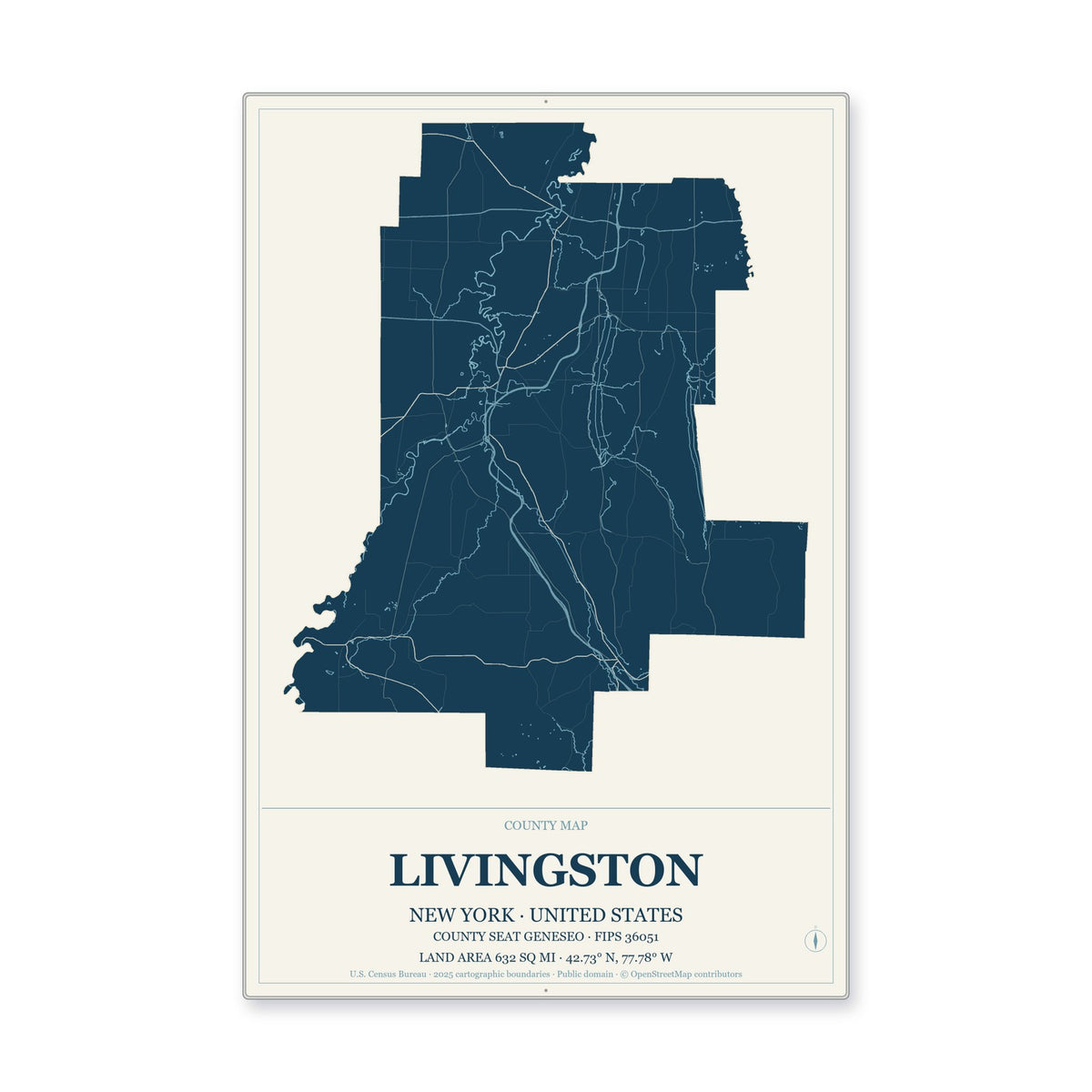 Livingston County, New York Map Aluminum Sign in Coastal Cutout style