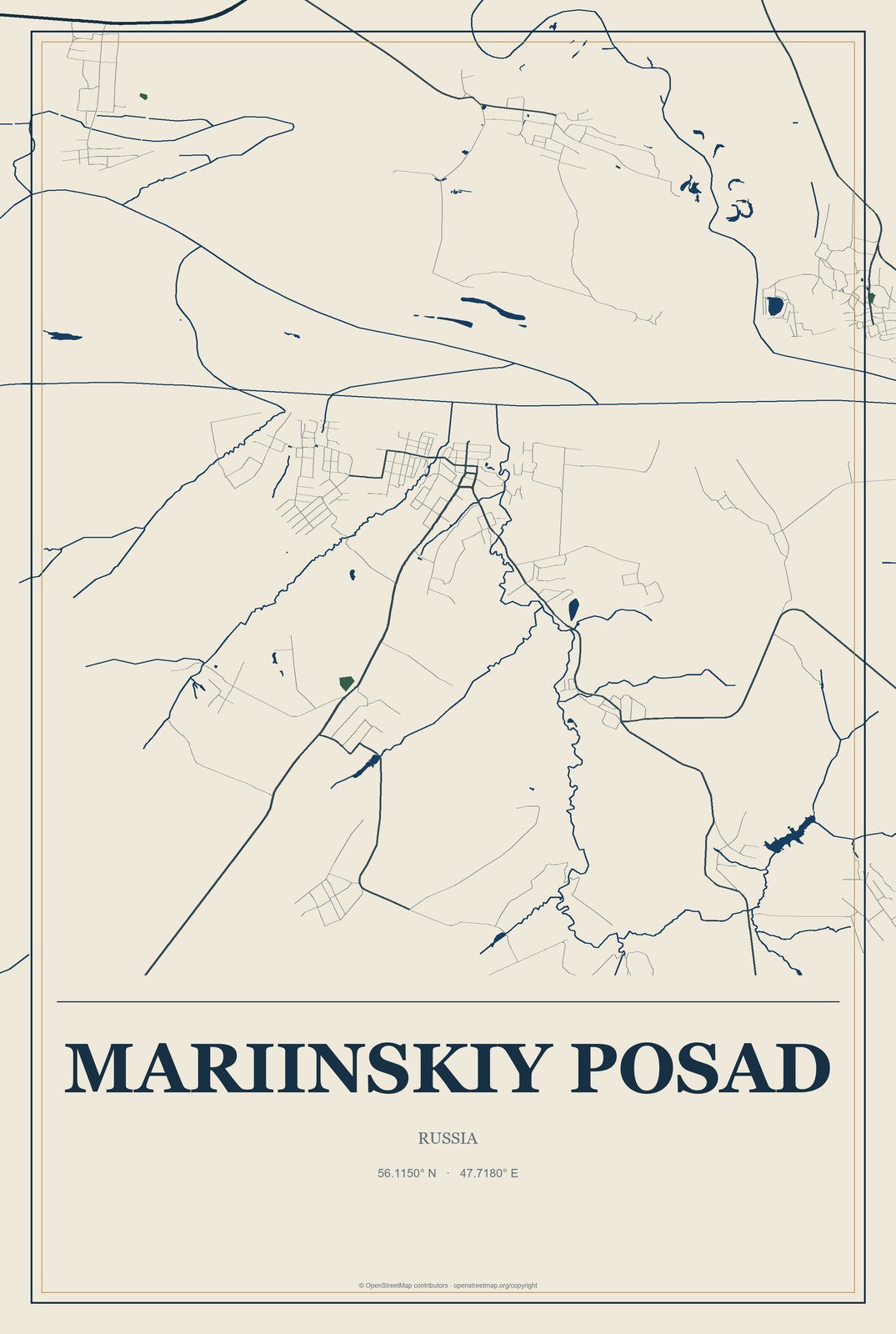 Mariinskiy Posad, Russia City Map Aluminum Sign in Coastal Cutout style