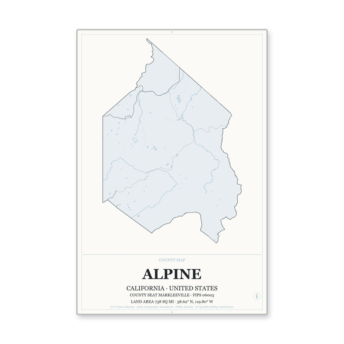 Alpine County, California Map Aluminum Sign in Gallery Air style