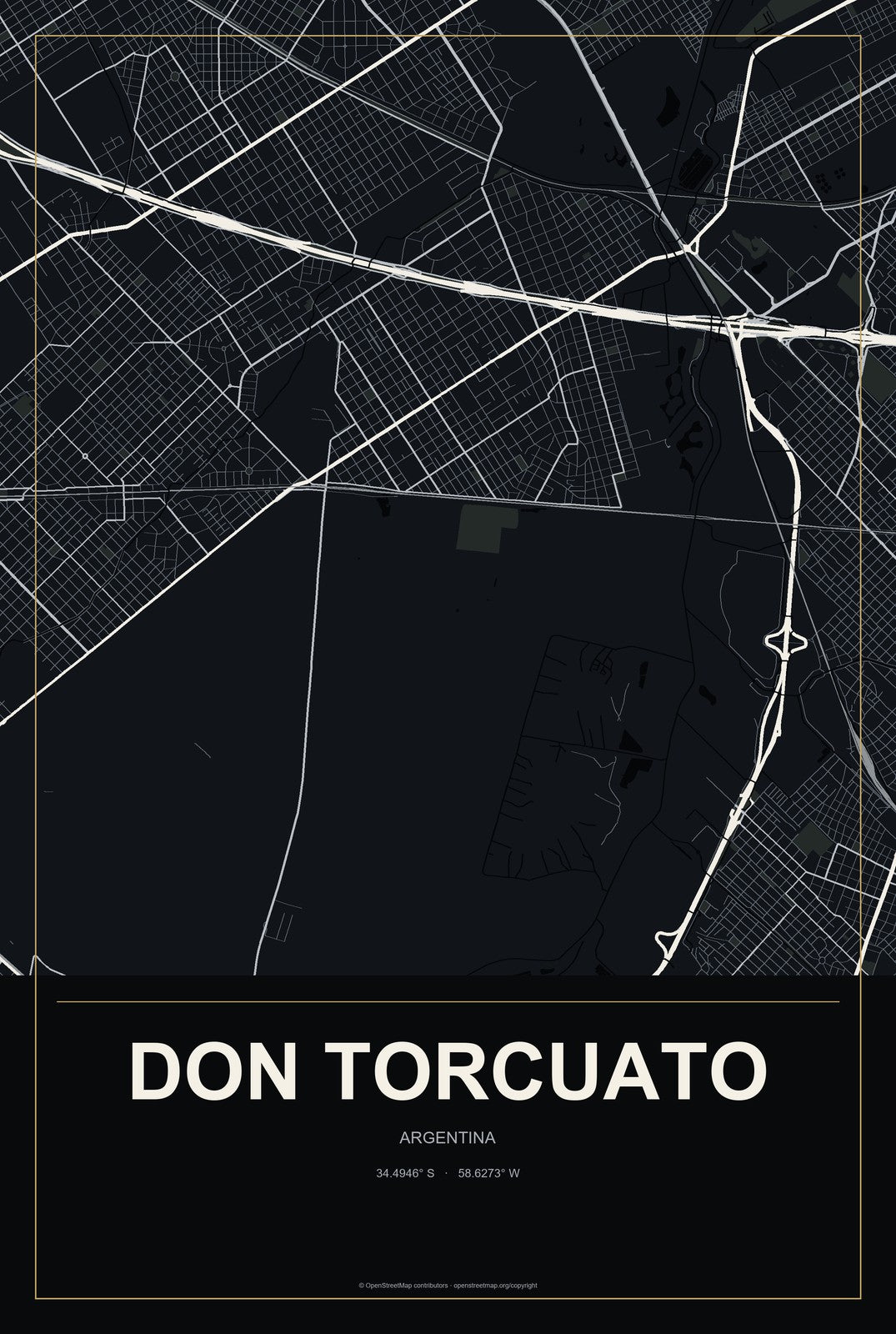 Don Torcuato, Argentina City Map Aluminum Sign in Metropolitan Noir style