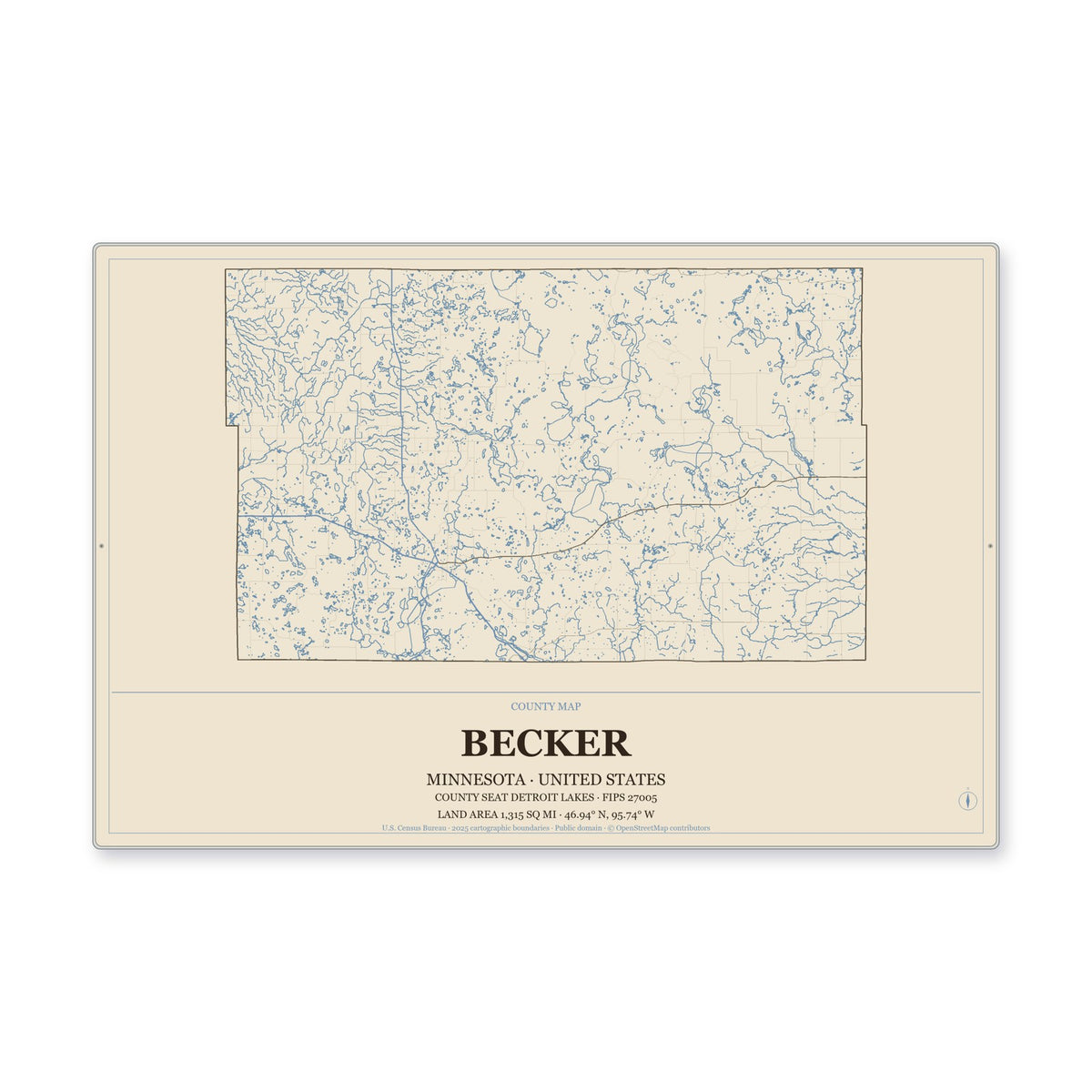 Becker County, Minnesota Map Aluminum Sign in Heritage Nautical style