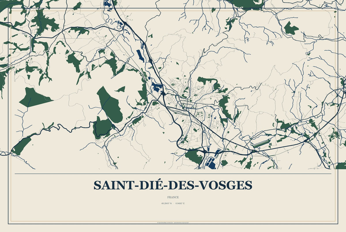 Saint-Dié-des-Vosges, France City Map Aluminum Sign in Coastal Cutout style