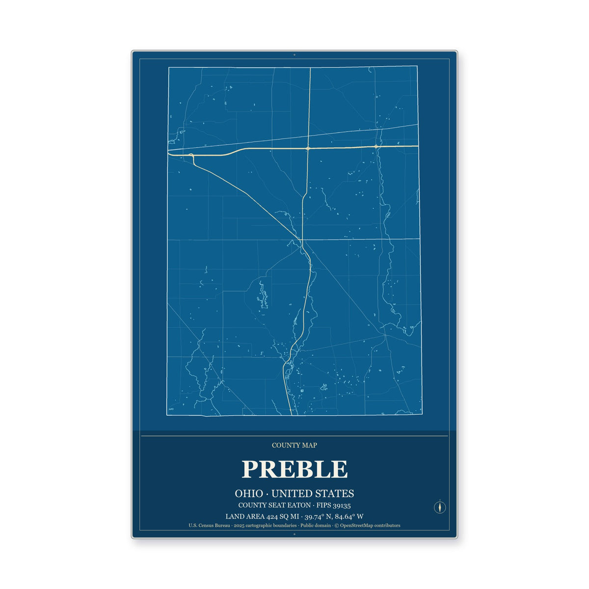 Preble County, Ohio Map Aluminum Sign in Harbor Cobalt style