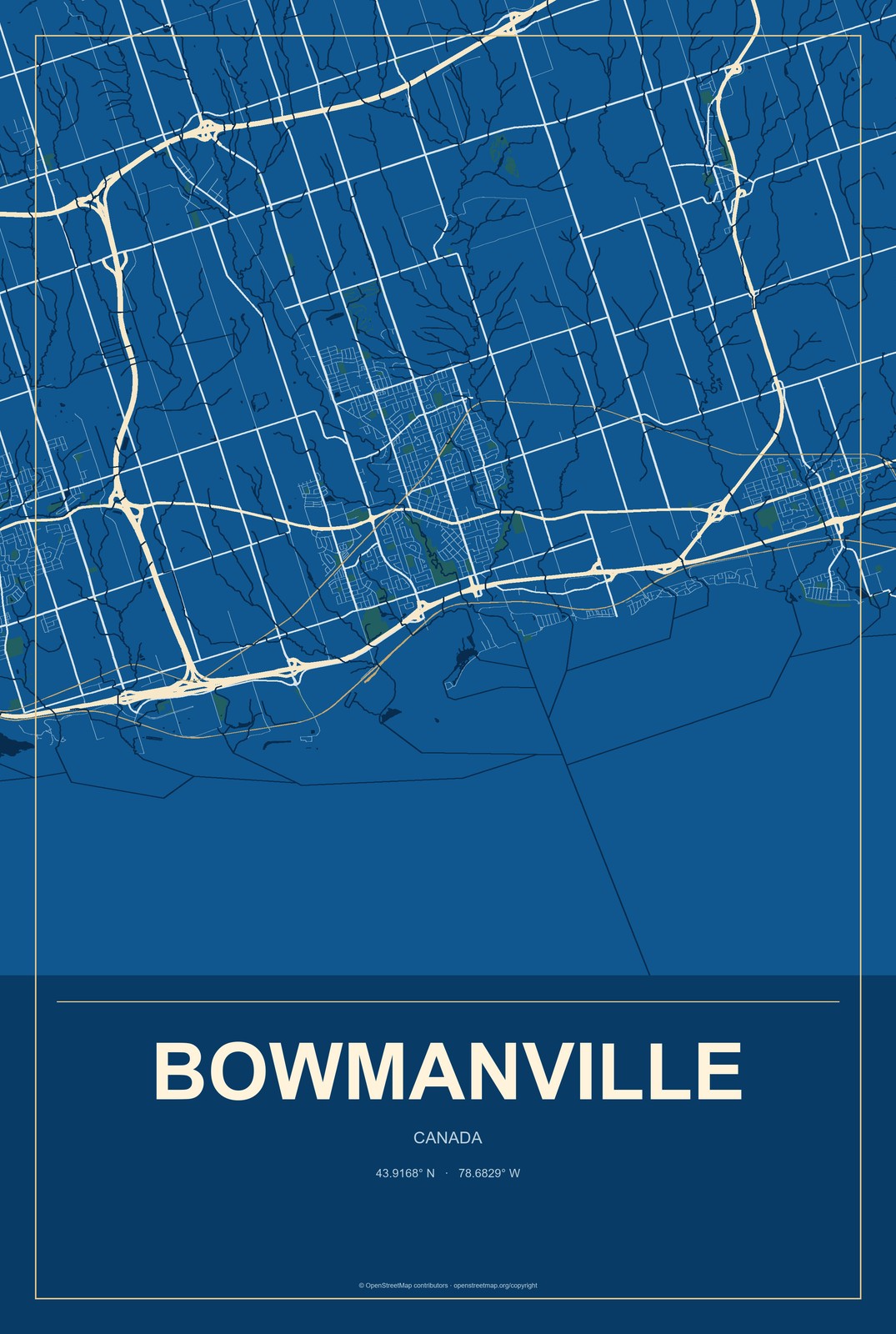 Bowmanville, Canada City Map Aluminum Sign in Harbor Cobalt style