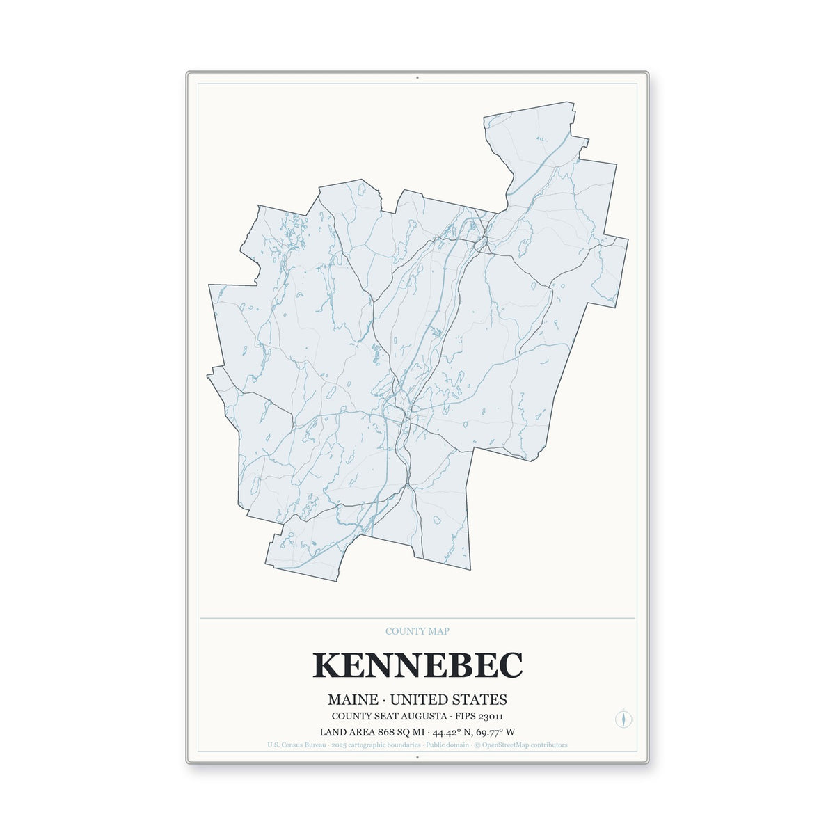 Kennebec County, Maine Map Aluminum Sign in Gallery Air style