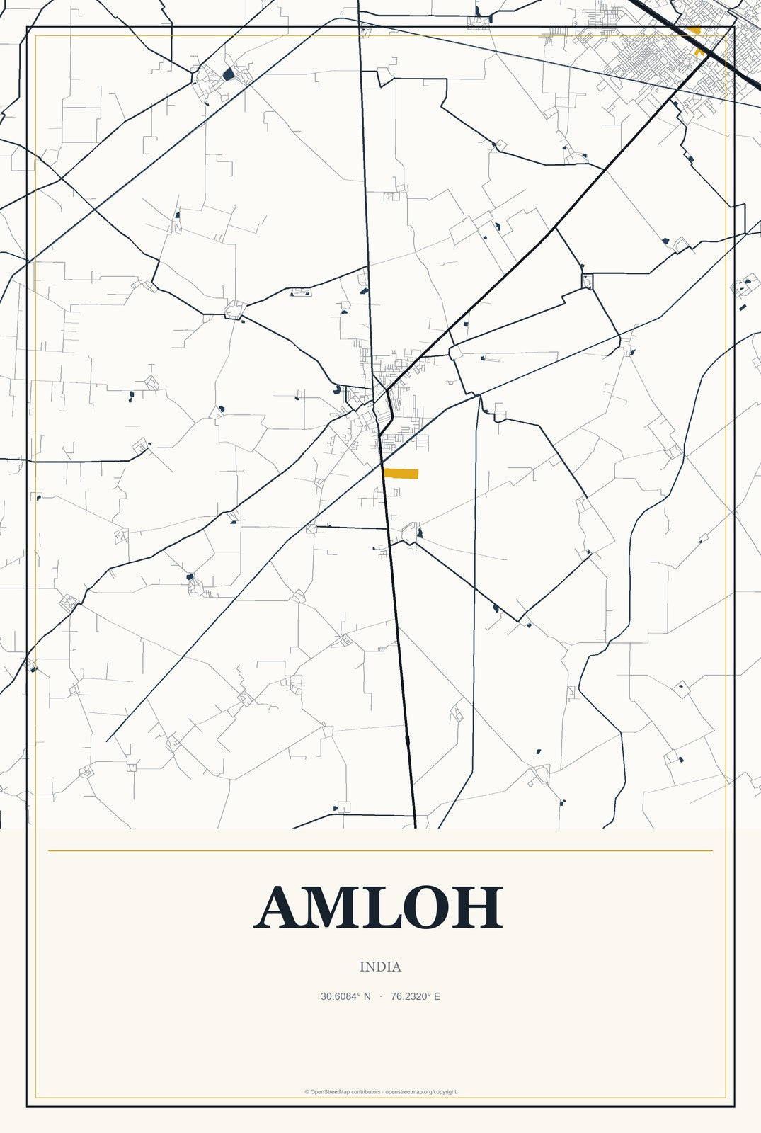 Amloh, India City Map Aluminum Sign in Citrine Modern style