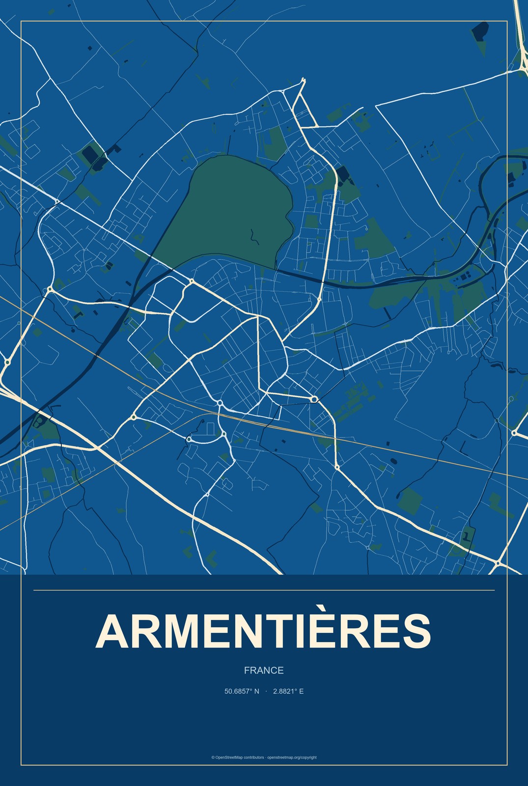 Armentières, France City Map Aluminum Sign in Harbor Cobalt style