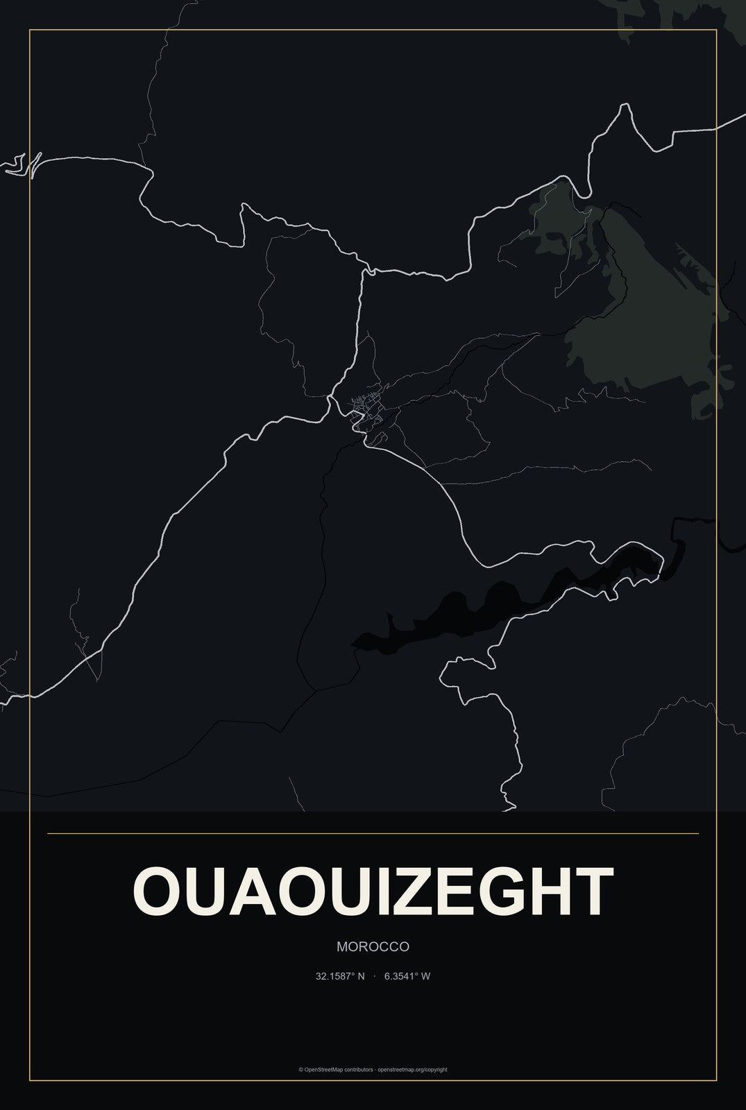 Ouaouizeght, Morocco City Map Aluminum Sign in Metropolitan Noir style