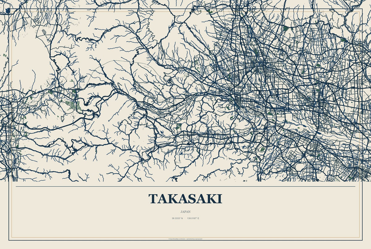Takasaki, Japan City Map Aluminum Sign in Coastal Cutout style