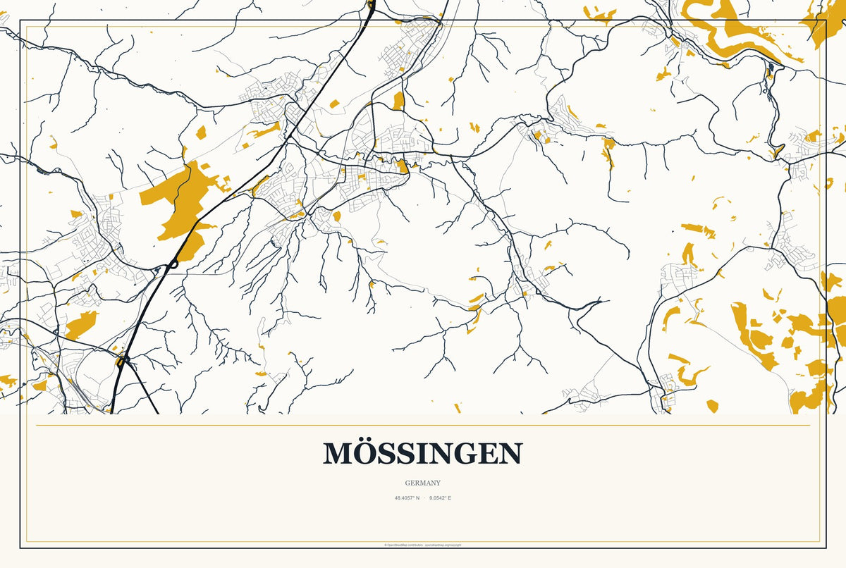 Mössingen, Germany City Map Aluminum Sign in Citrine Modern style