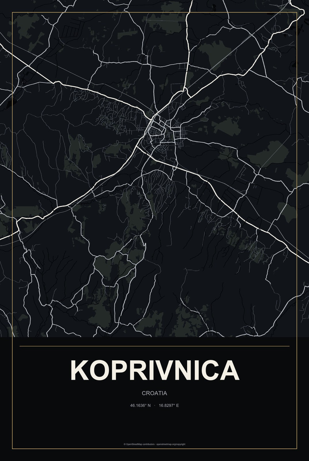 Koprivnica, Croatia City Map Aluminum Sign in Metropolitan Noir style