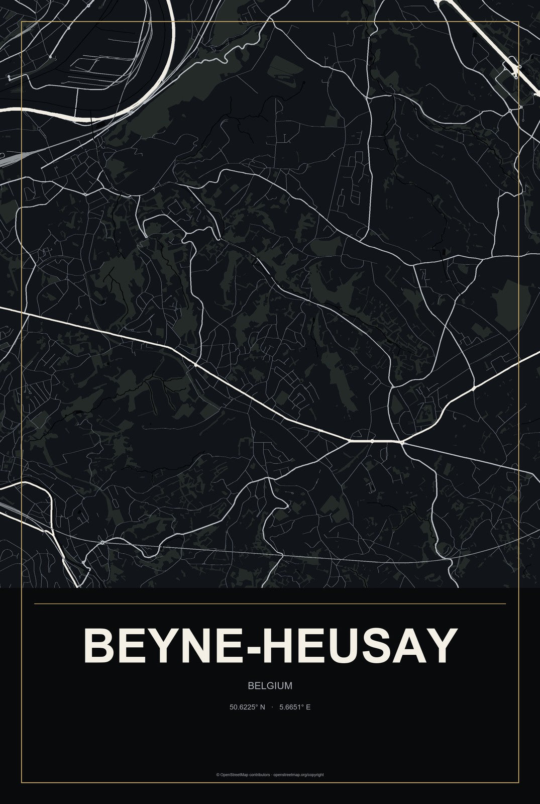Beyne-Heusay, Belgium City Map Aluminum Sign in Metropolitan Noir style