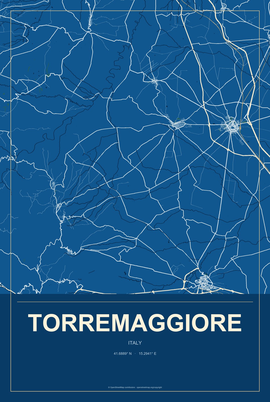 Torremaggiore, Italy City Map Aluminum Sign in Harbor Cobalt style