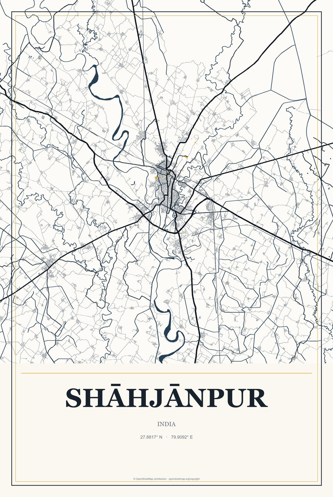 Shāhjānpur, India City Map Aluminum Sign in Citrine Modern style