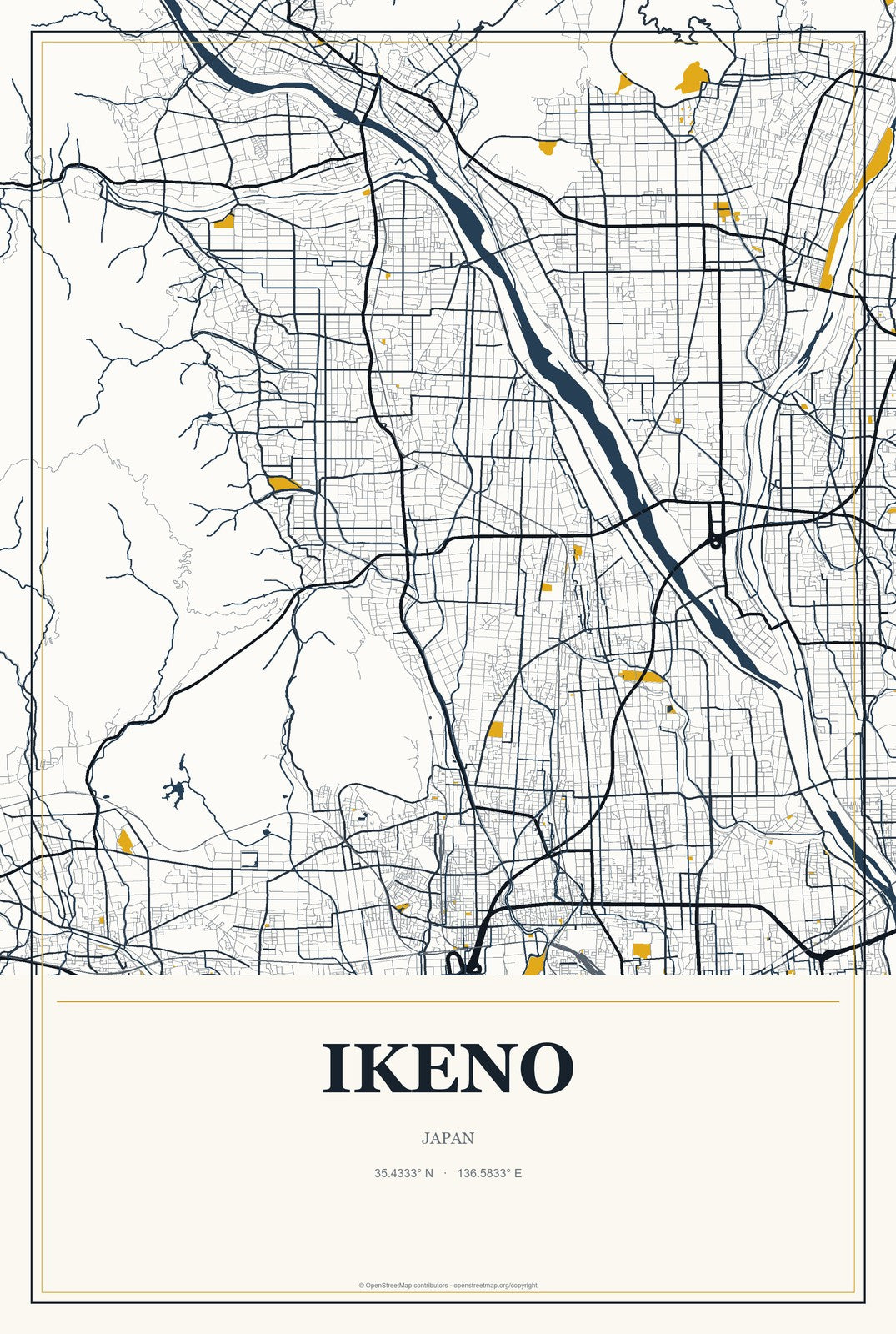 Ikeno, Japan City Map Aluminum Sign in Citrine Modern style