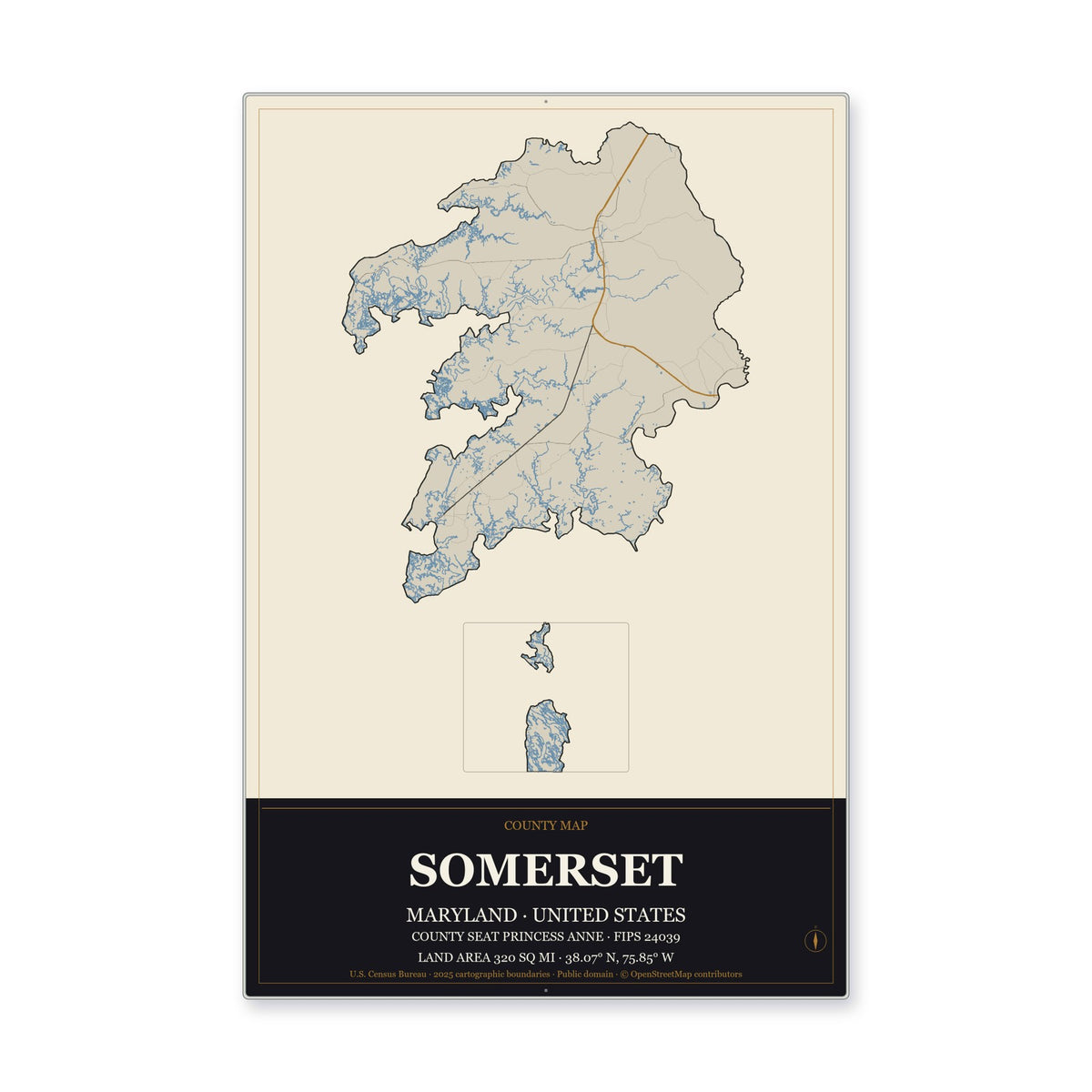 Somerset County, Maryland Map Aluminum Sign in Museum Plaque style